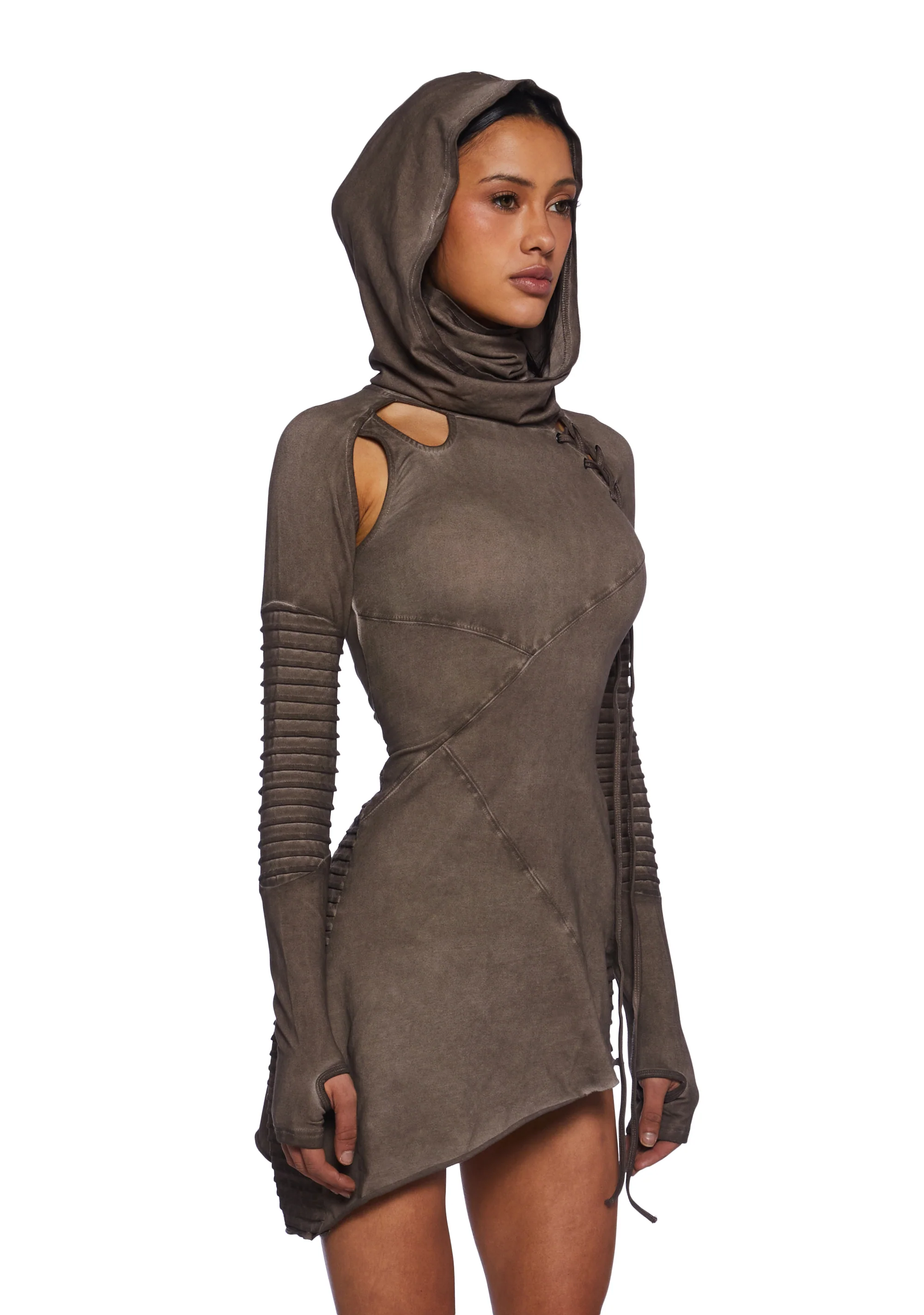 Frequency Asymmetrical Hooded Mini Dress - Earthen - Image 4