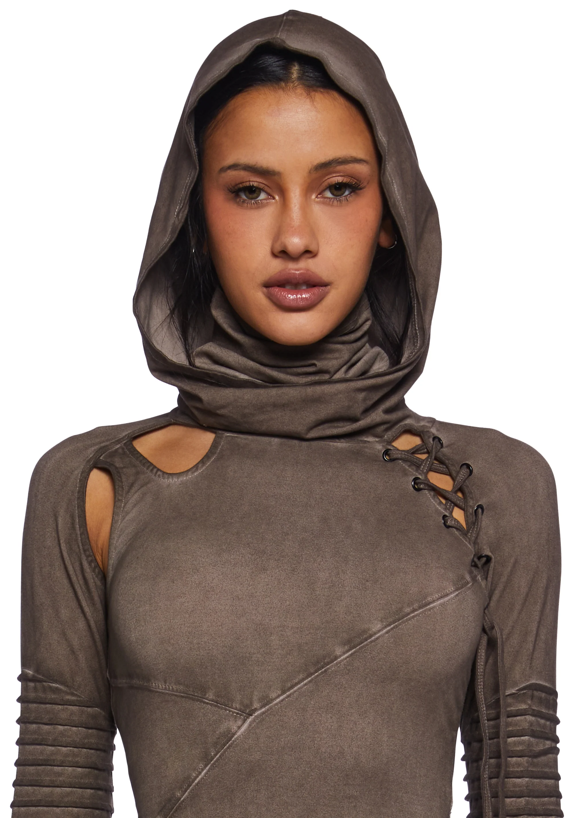 Frequency Asymmetrical Hooded Mini Dress - Earthen - Image 5