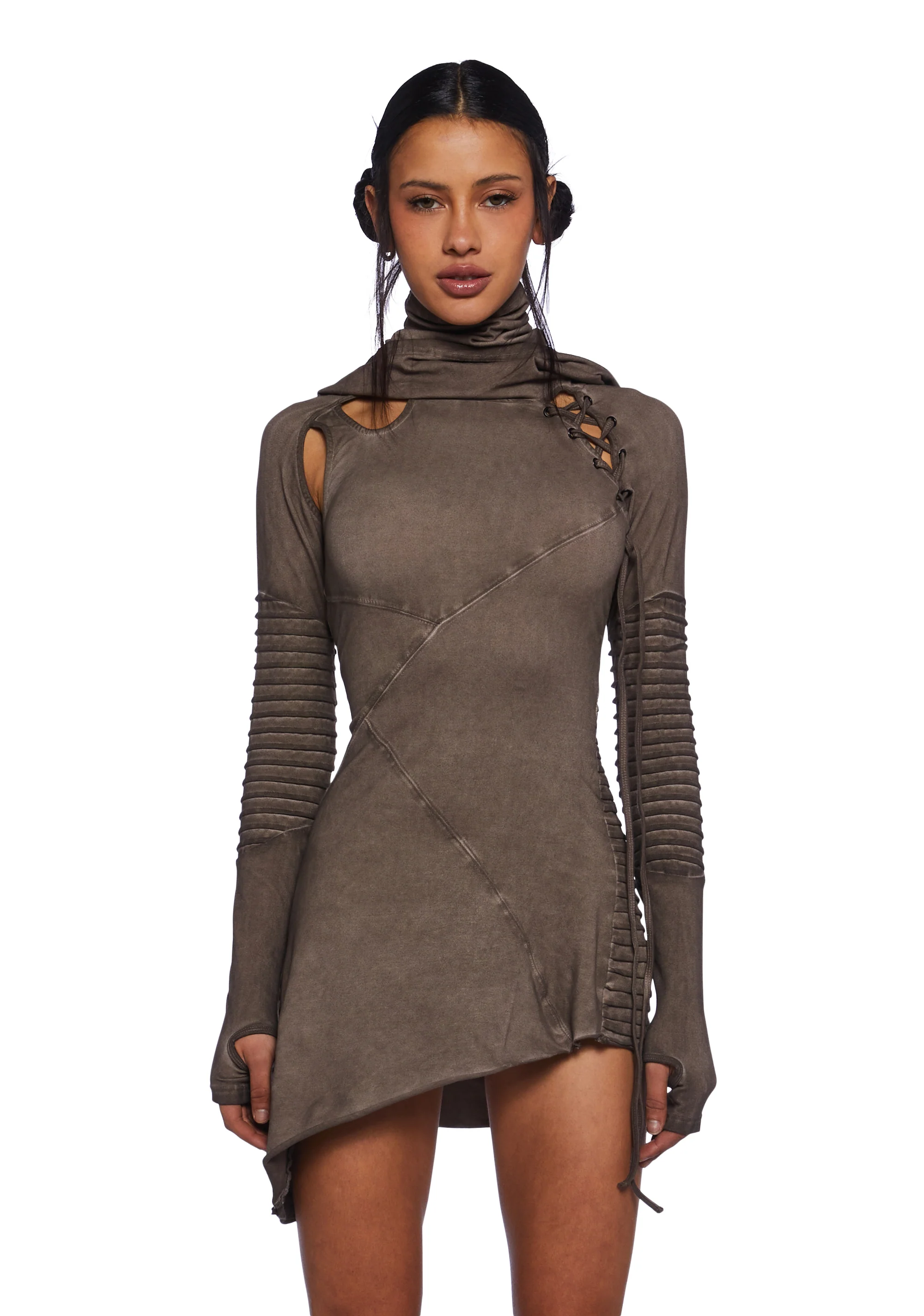 Frequency Asymmetrical Hooded Mini Dress - Earthen - Image 7