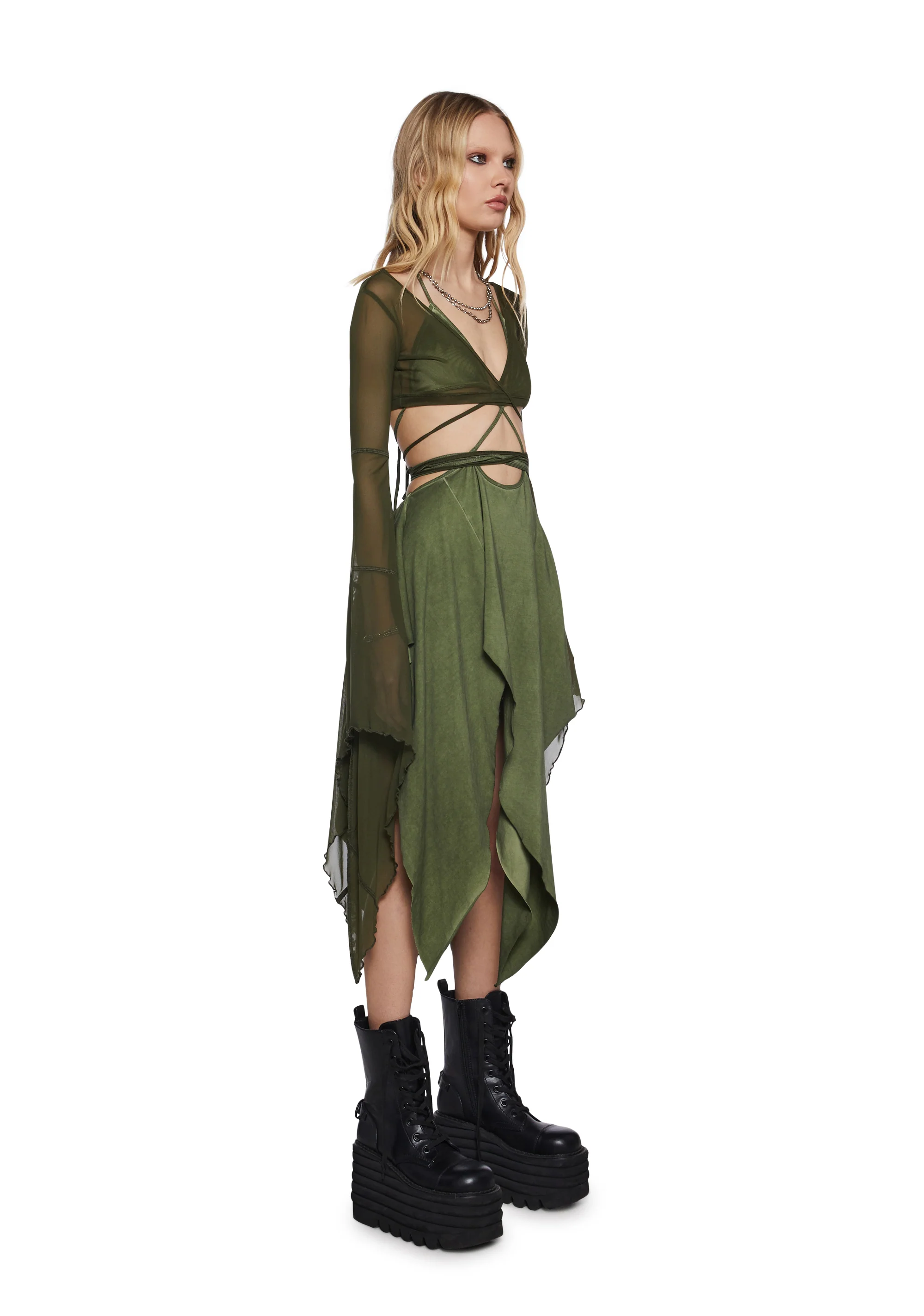 Echo Asymmetrical Mesh Wrap Dress - Green - Image 3