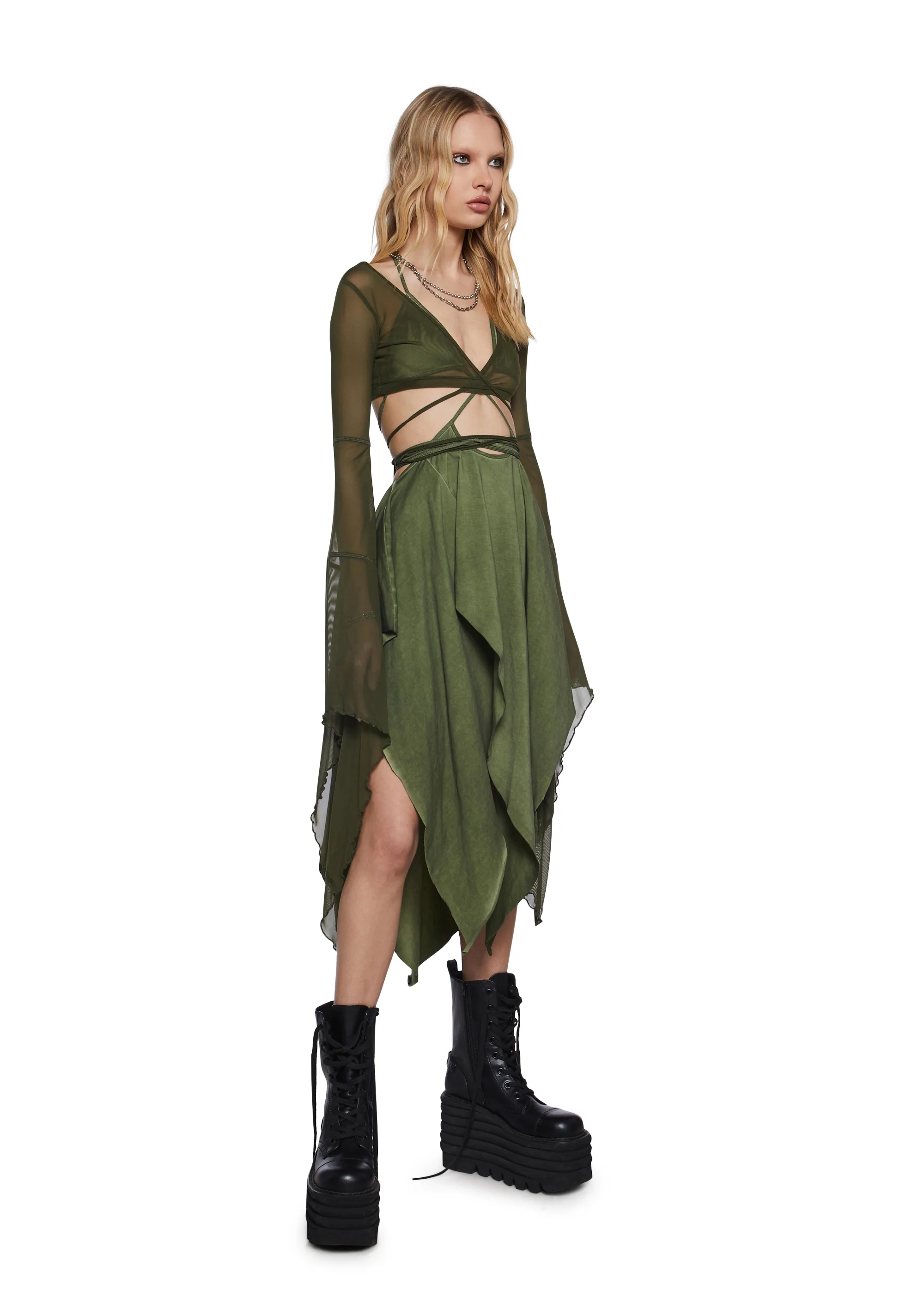 Echo Asymmetrical Mesh Wrap Dress - Green - Image 5