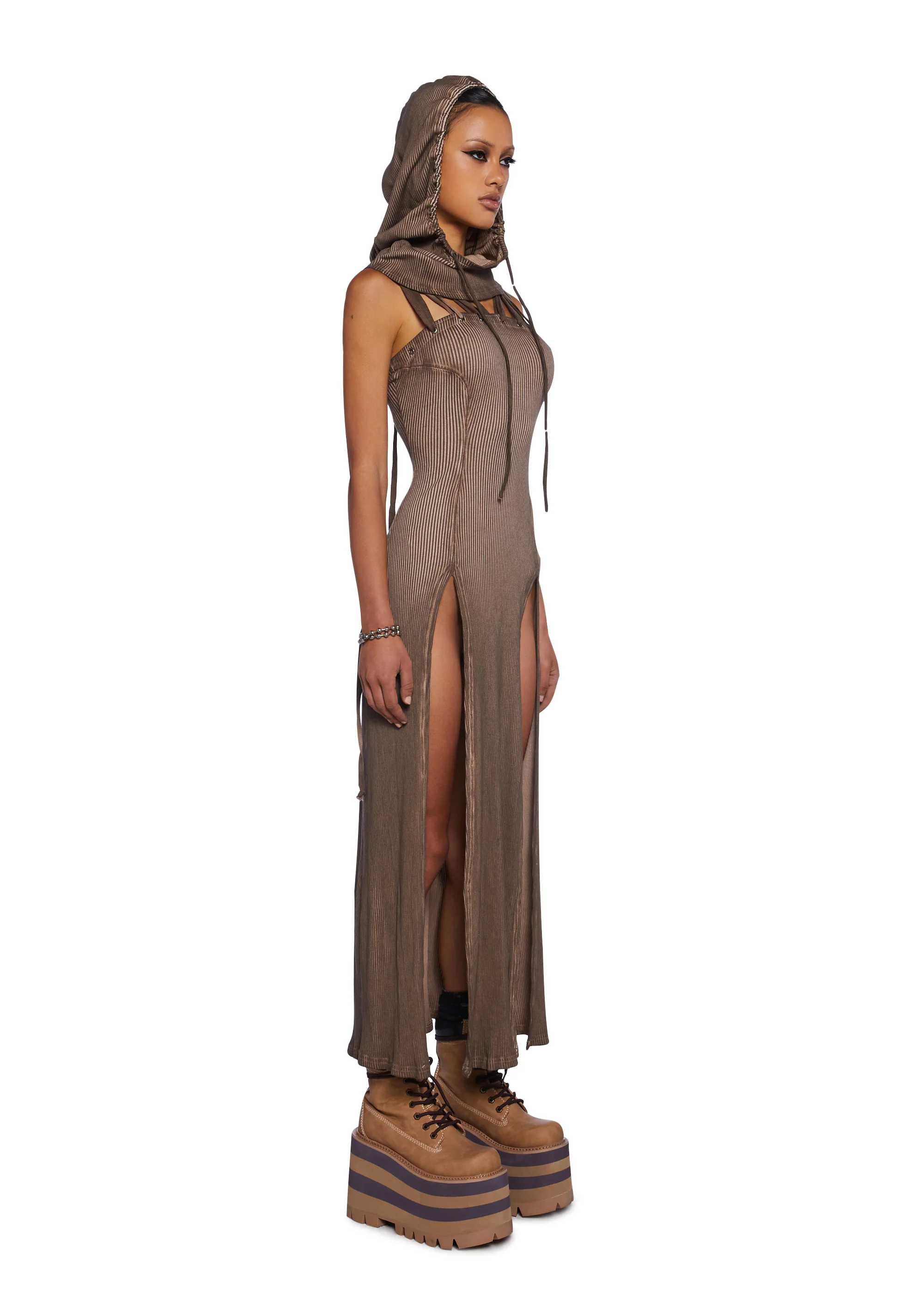 Echo Hooded Slit Maxi Dress - Brown - Image 3