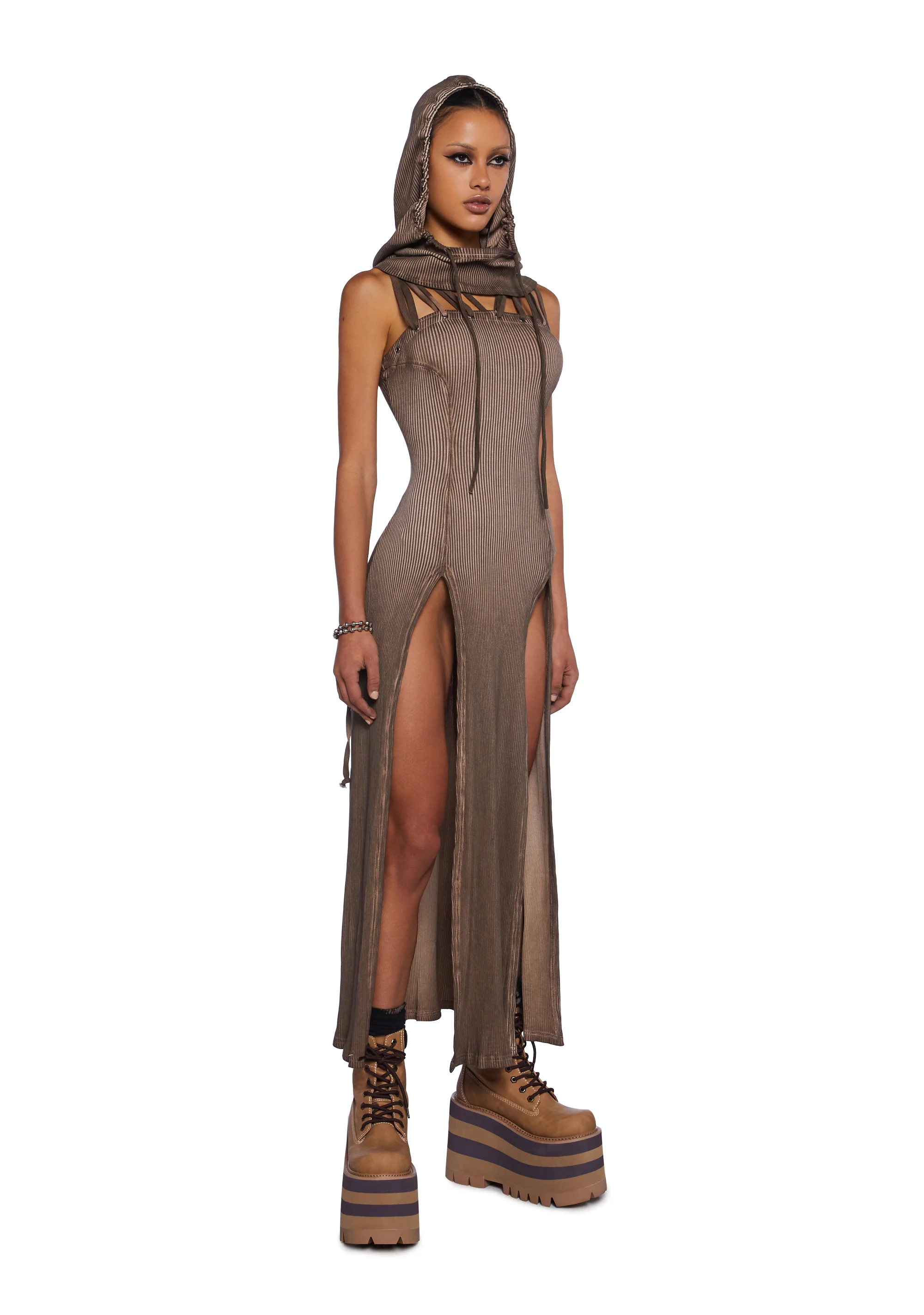 Echo Hooded Slit Maxi Dress - Brown - Image 5