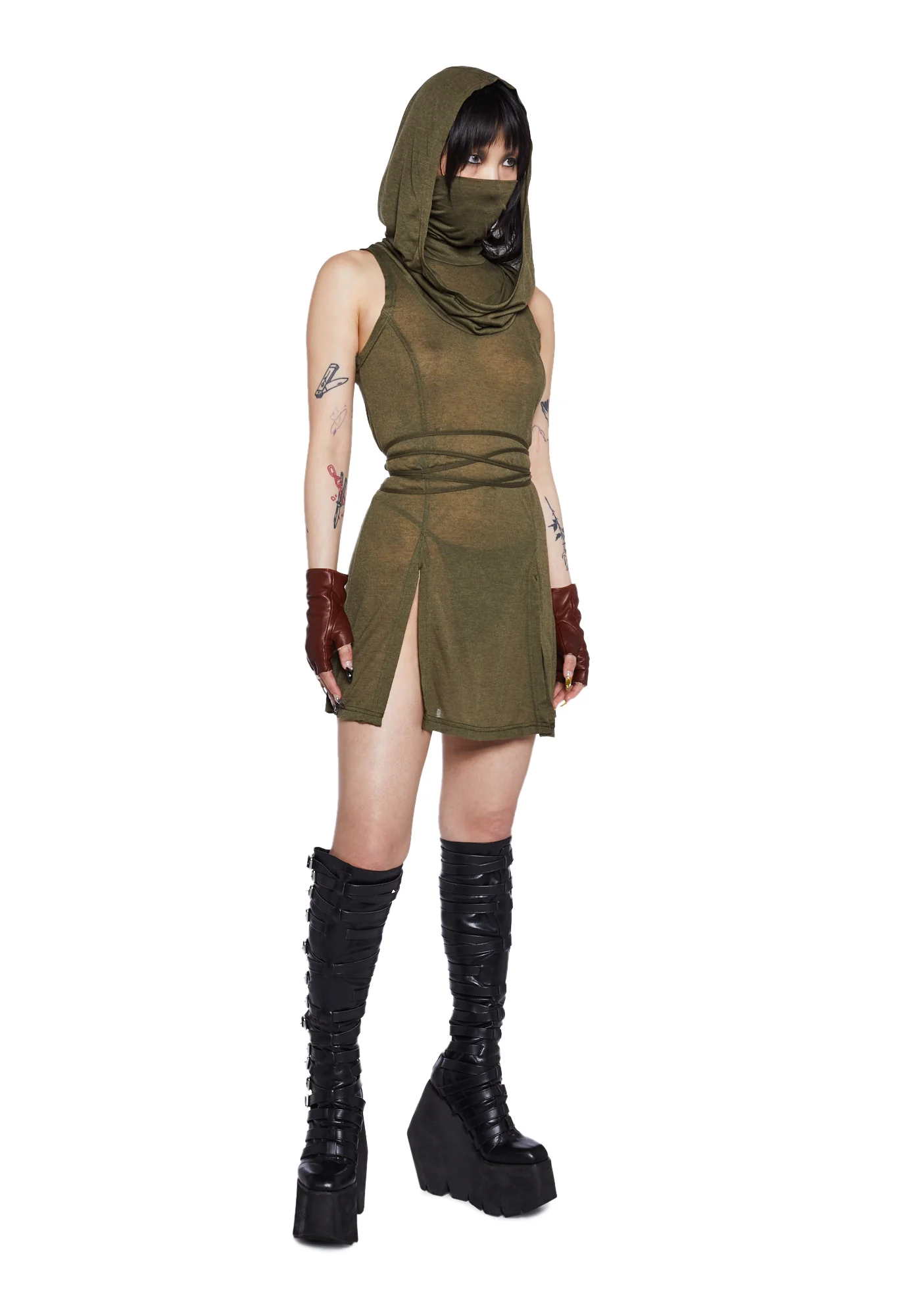 Echo Sheer Hooded Mini Dress - Green - Image 2