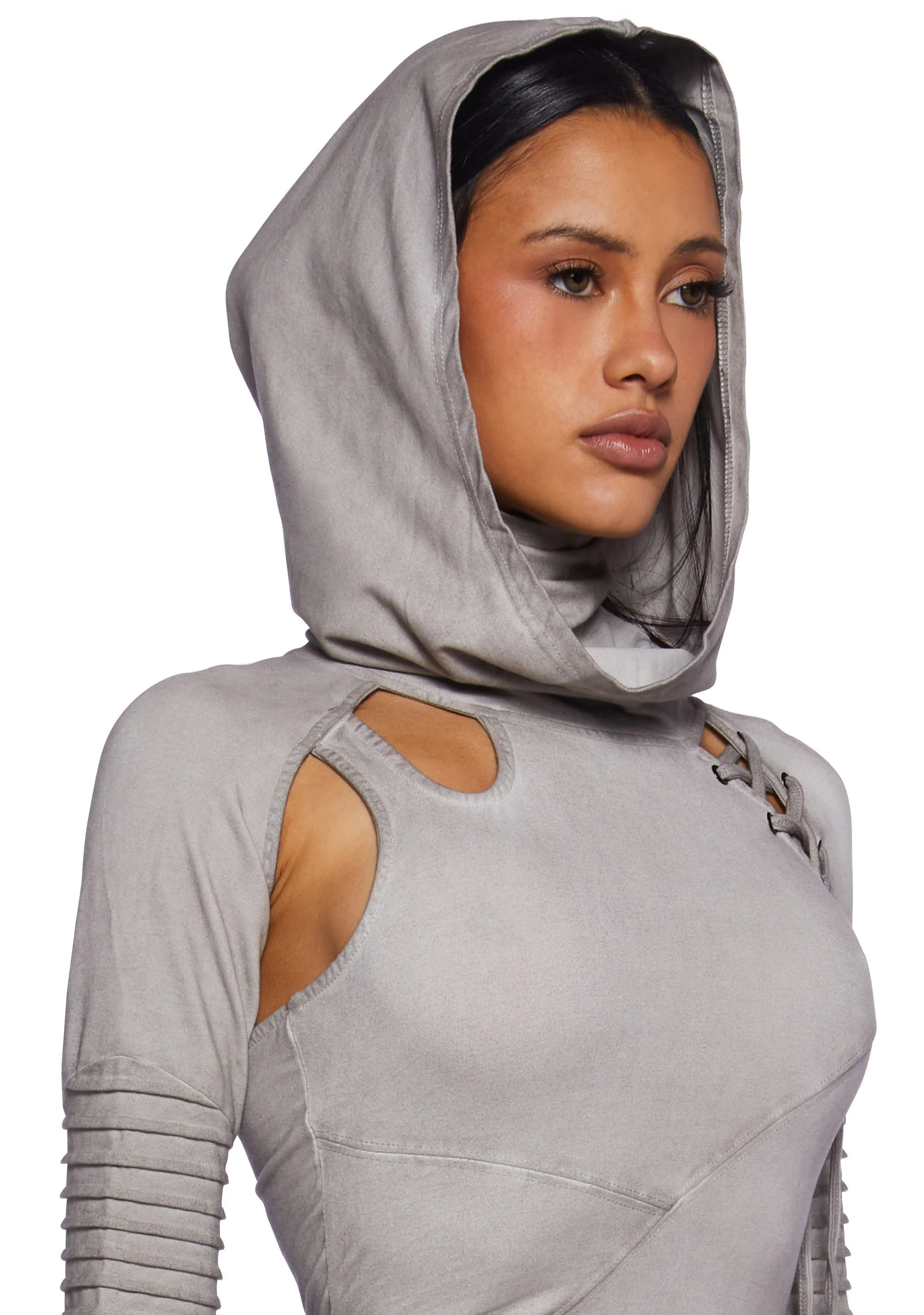 Frequency Asymmetrical Hooded Mini Dress - Ecru - Image 6