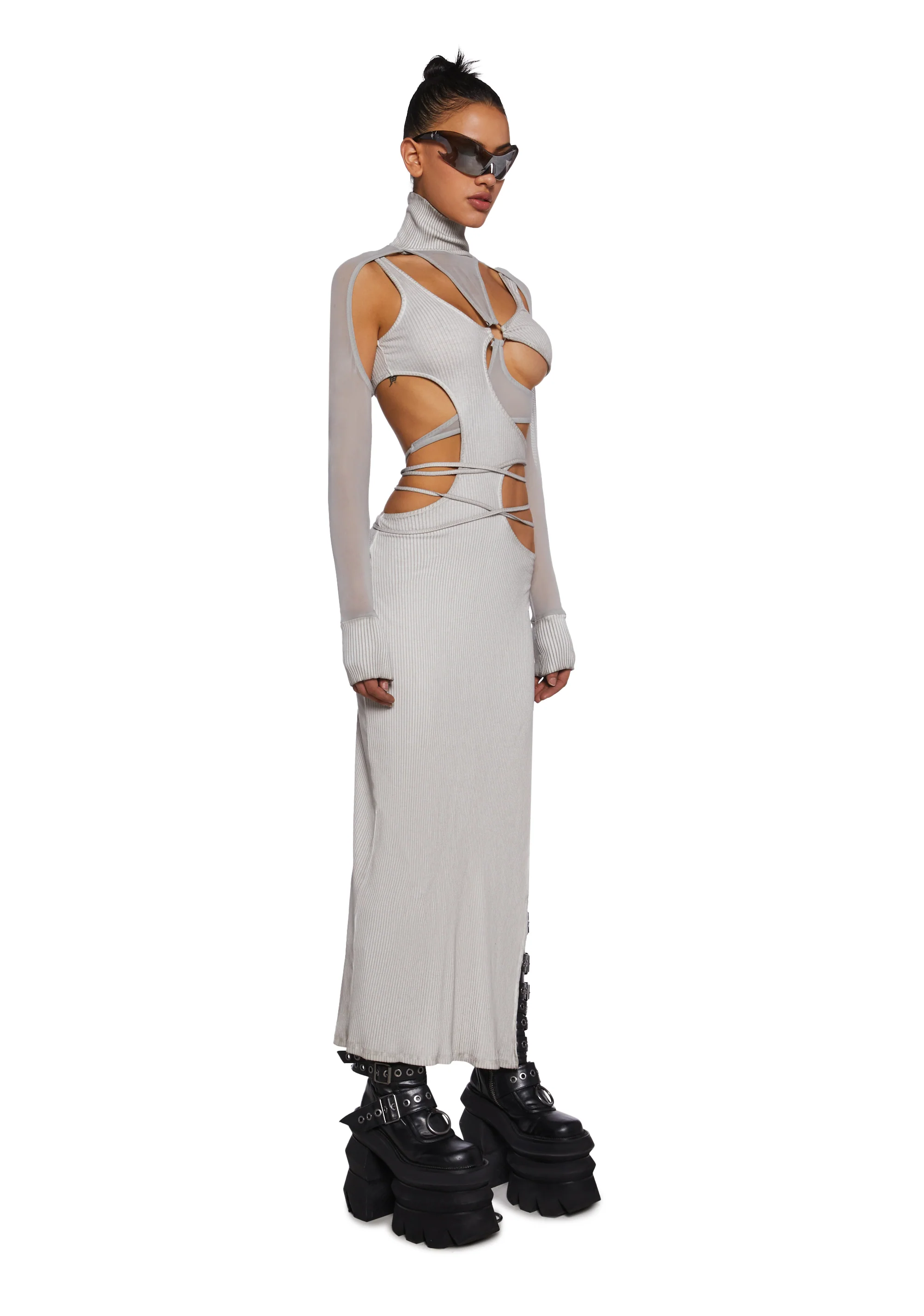 Fader Mesh Ribbed Maxi Dress - Ecru - Image 3