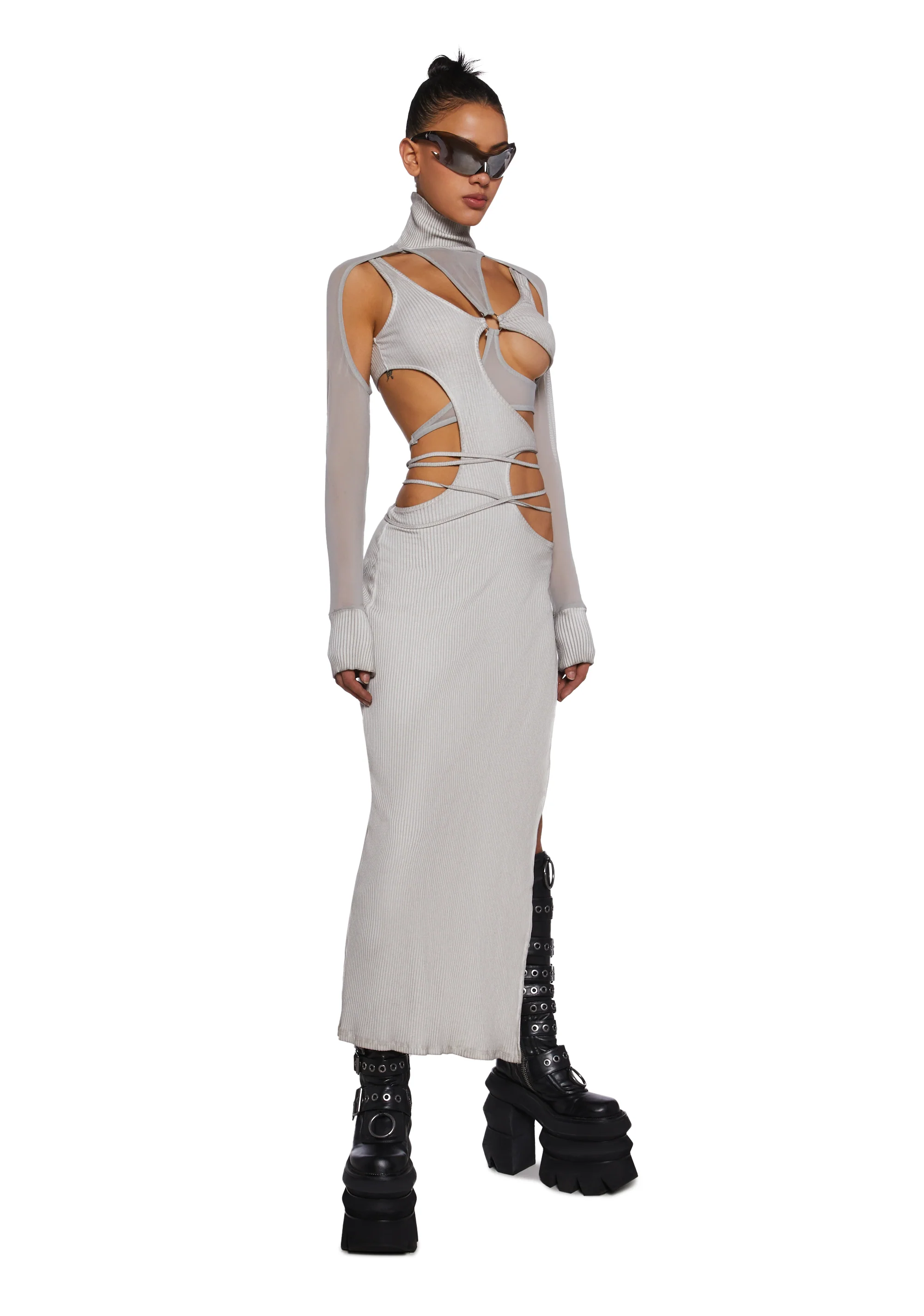 Fader Mesh Ribbed Maxi Dress - Ecru - Image 5