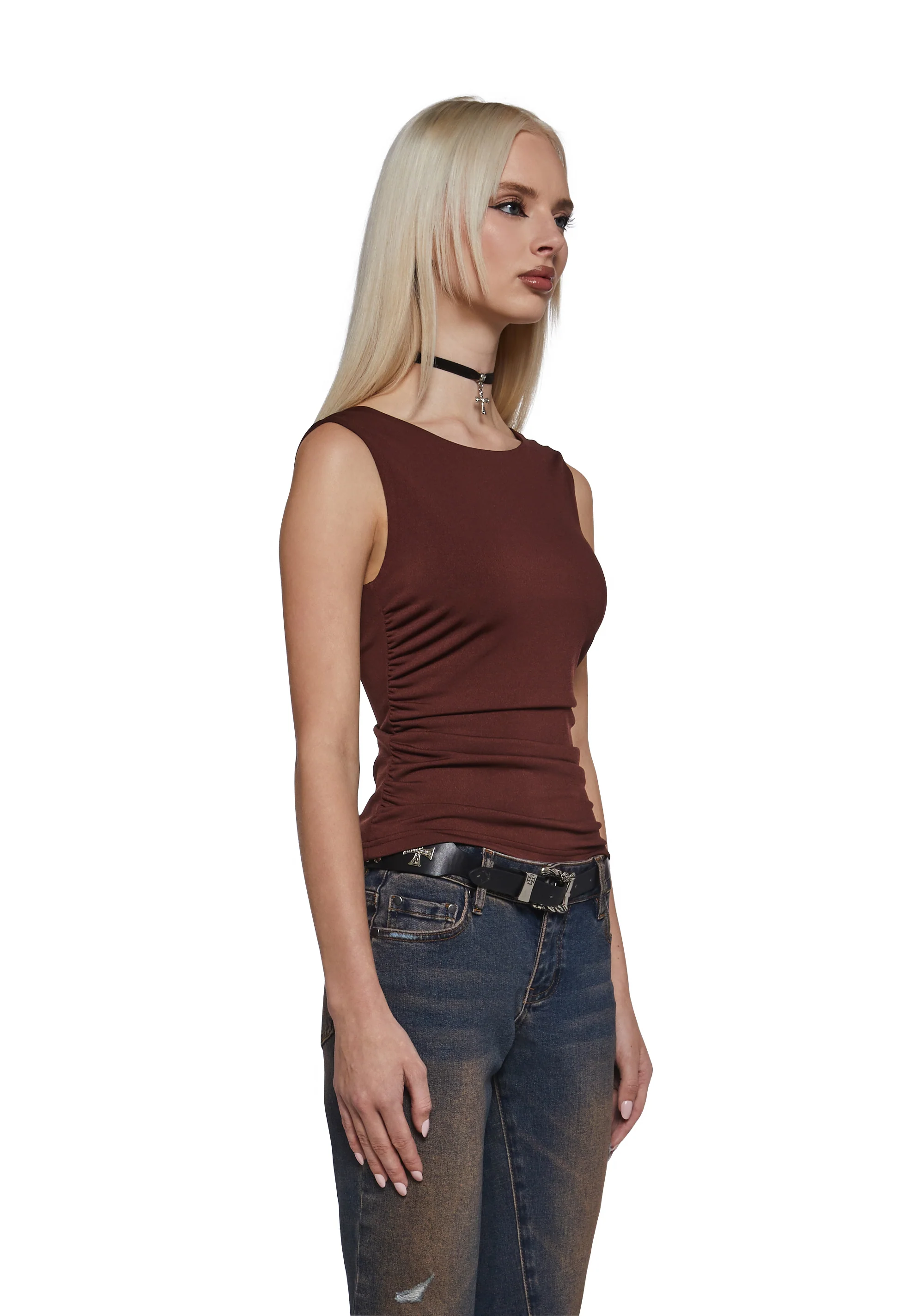 Elegant Turn Short Sleeve Top - Brown - Image 3