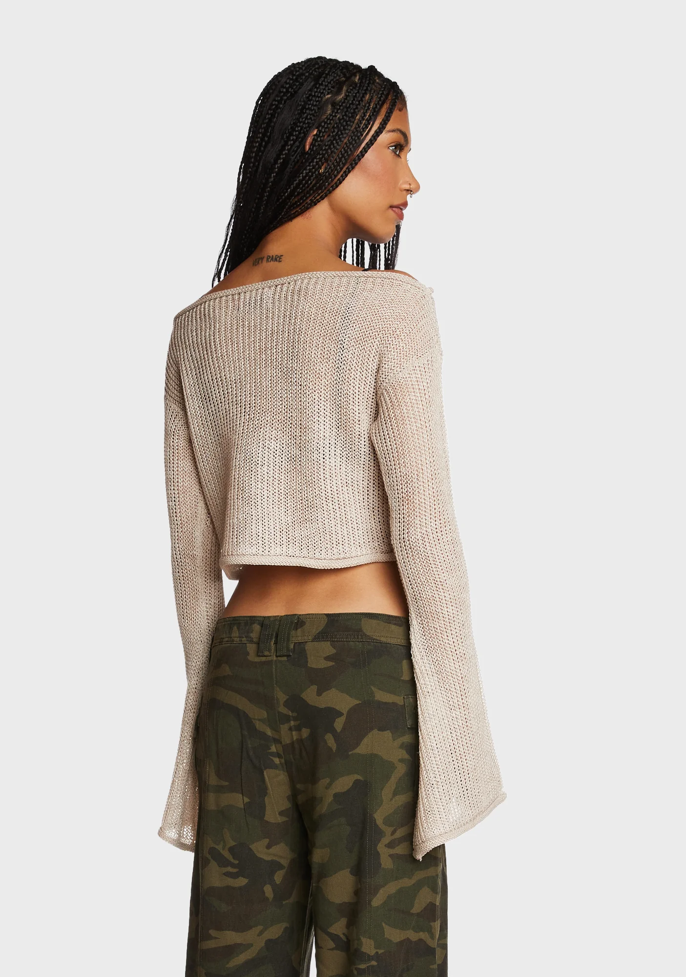 Emmie Off The Shoulder Sheer Knitted Top - Beige - Image 4