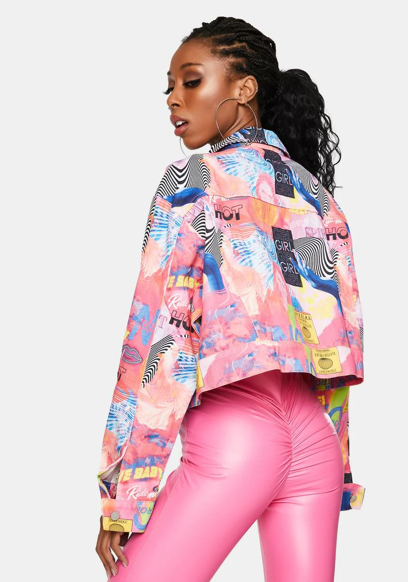 Empower Print Cropped Denim Jacket - Image 4