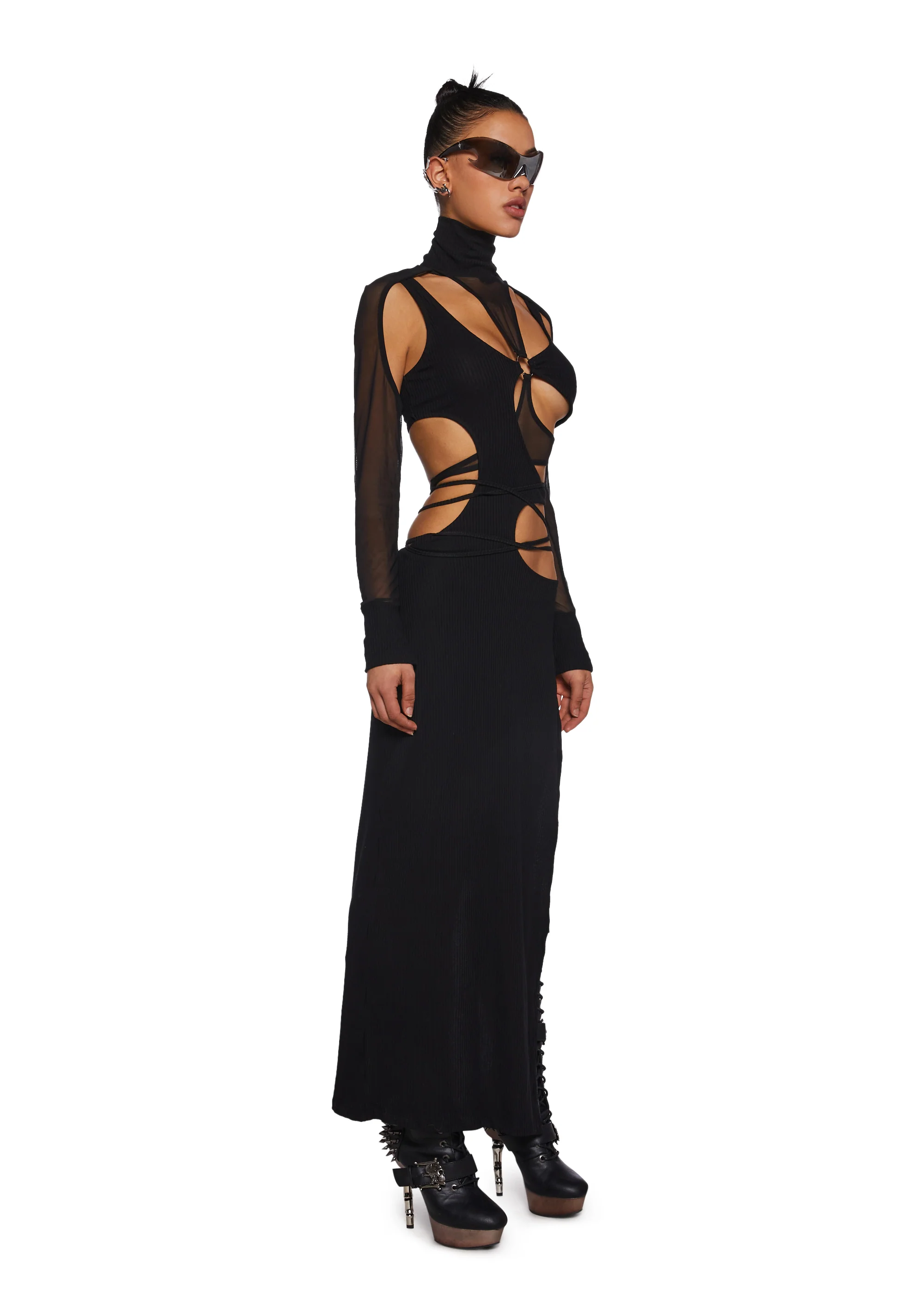 Fader Mesh Ribbed Maxi Dress - Black - Image 3