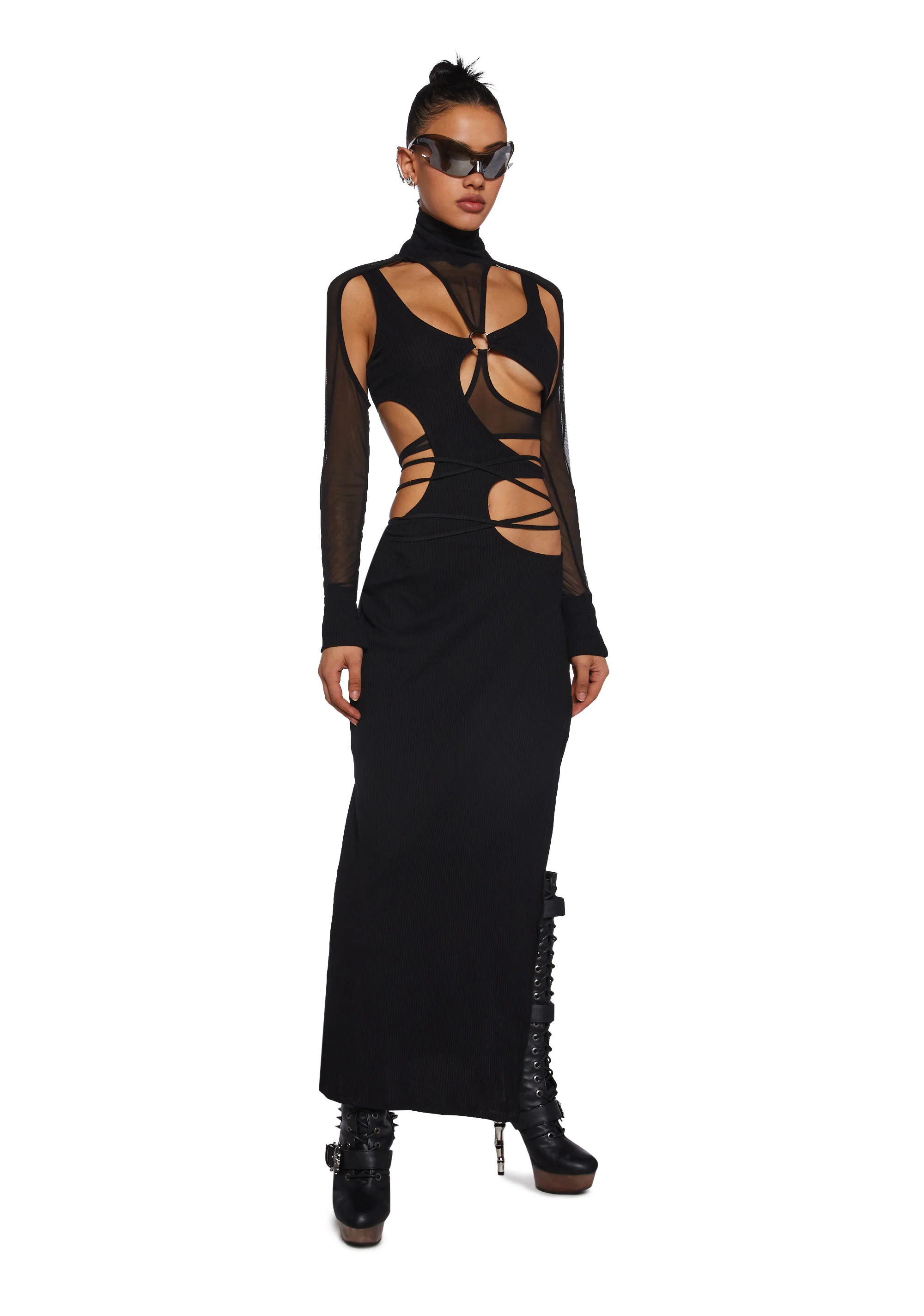 Fader Mesh Ribbed Maxi Dress - Black - Image 5