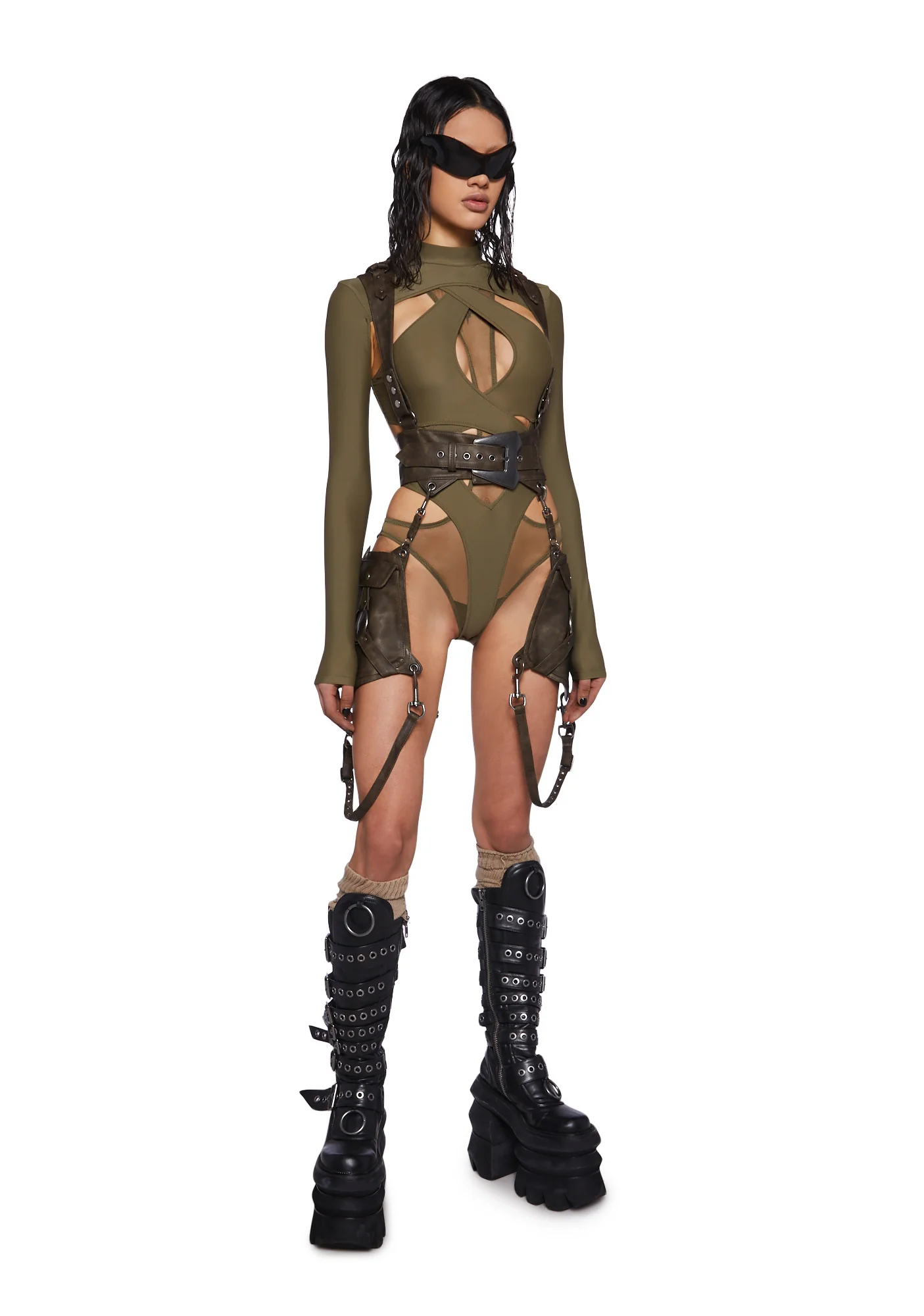 Crossfade Strappy Spandex And Mesh Bodysuit - Green - Image 2