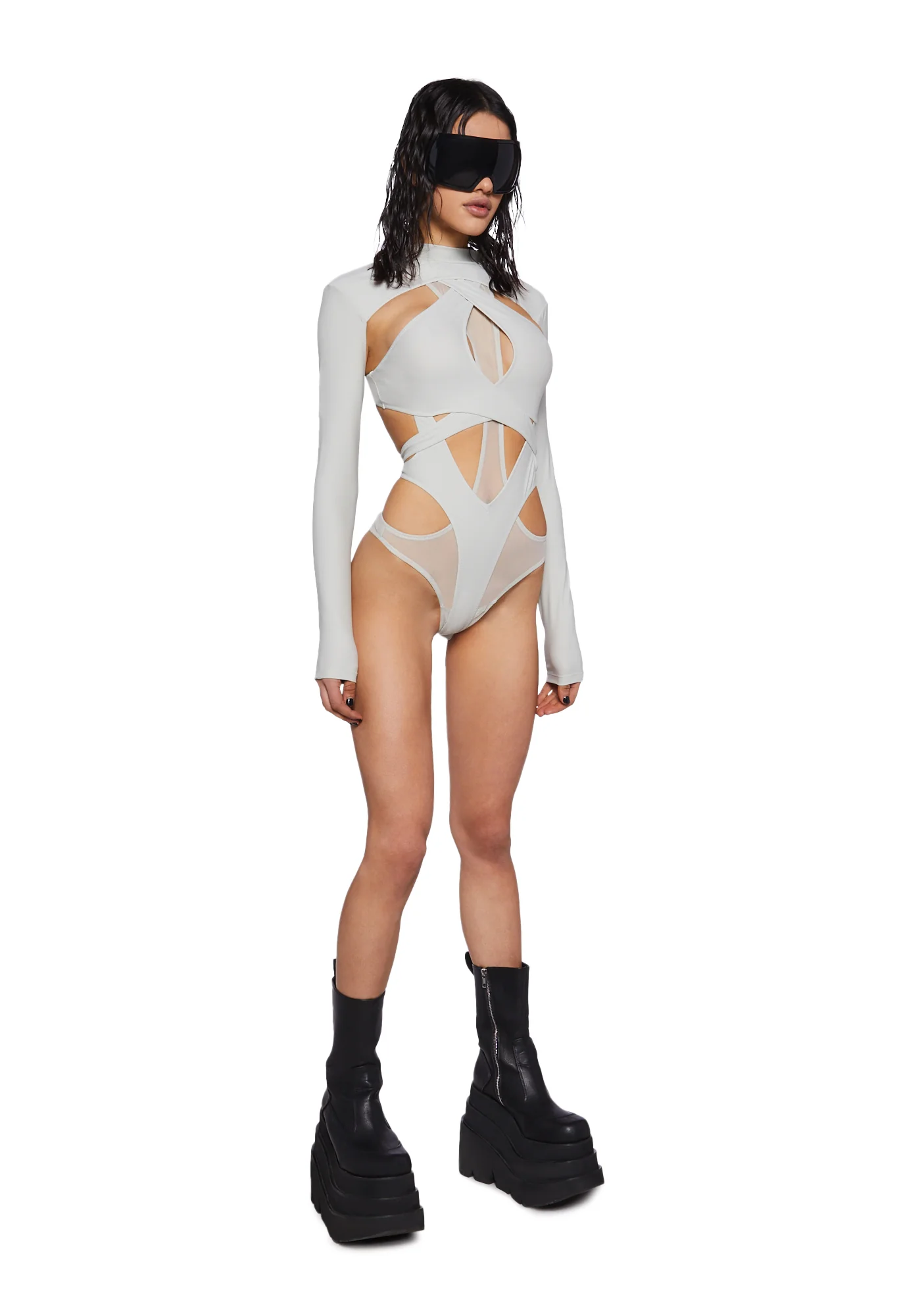 Crossfade Strappy Spandex And Mesh Bodysuit - Gray - Image 2