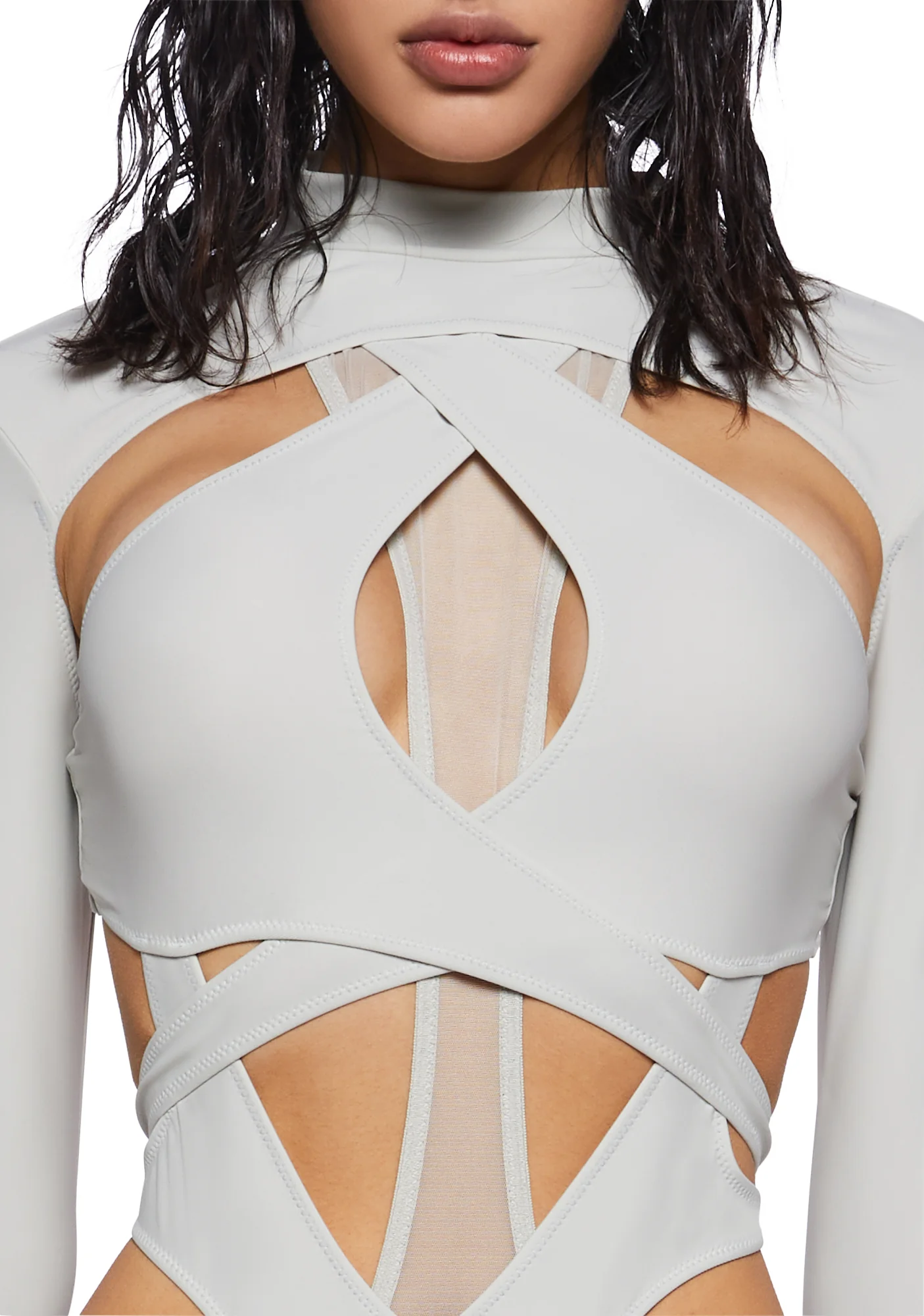 Crossfade Strappy Spandex And Mesh Bodysuit - Gray - Image 5