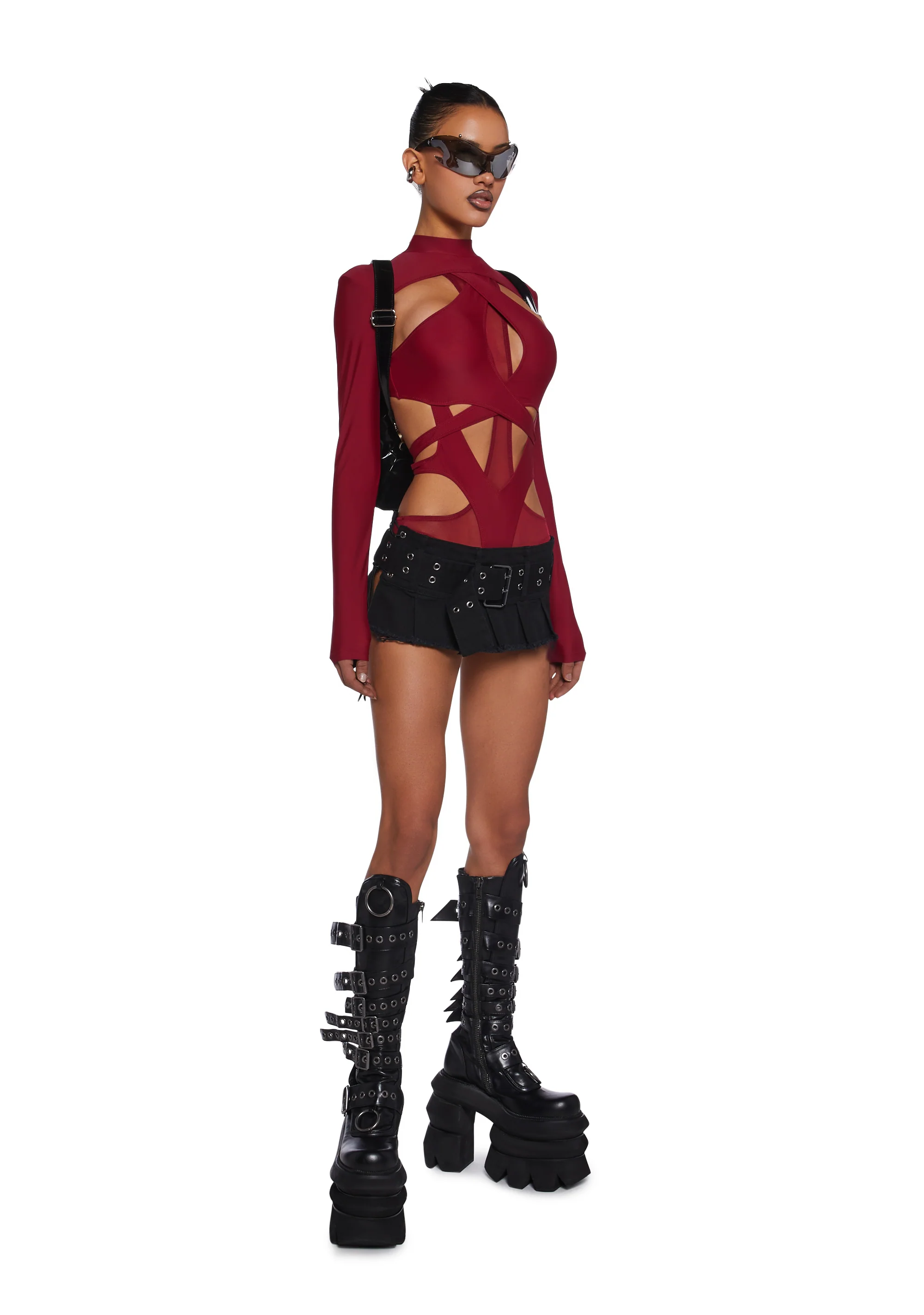 Flanger Strappy Spandex And Mesh Bodysuit - Red - Image 2