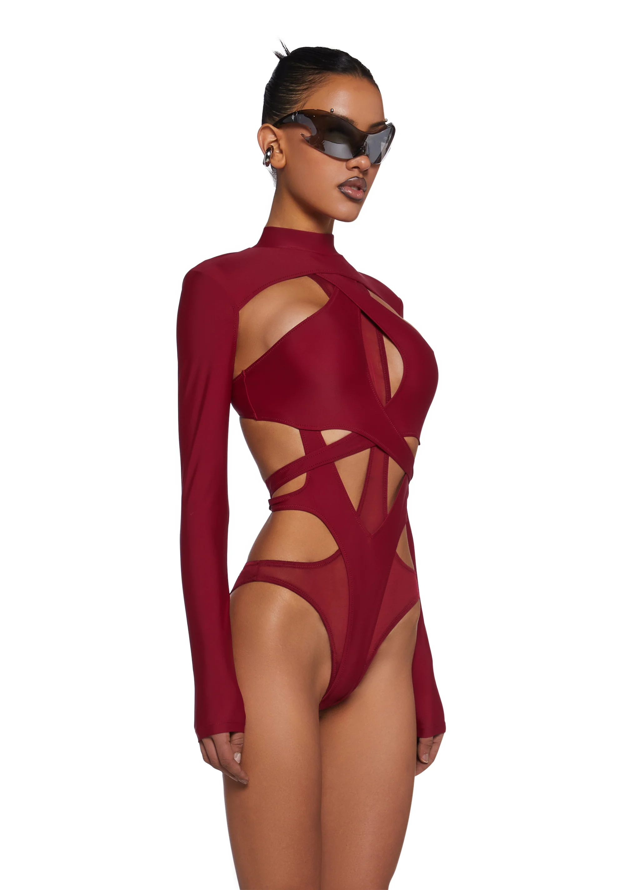 Flanger Strappy Spandex And Mesh Bodysuit - Red - Image 3