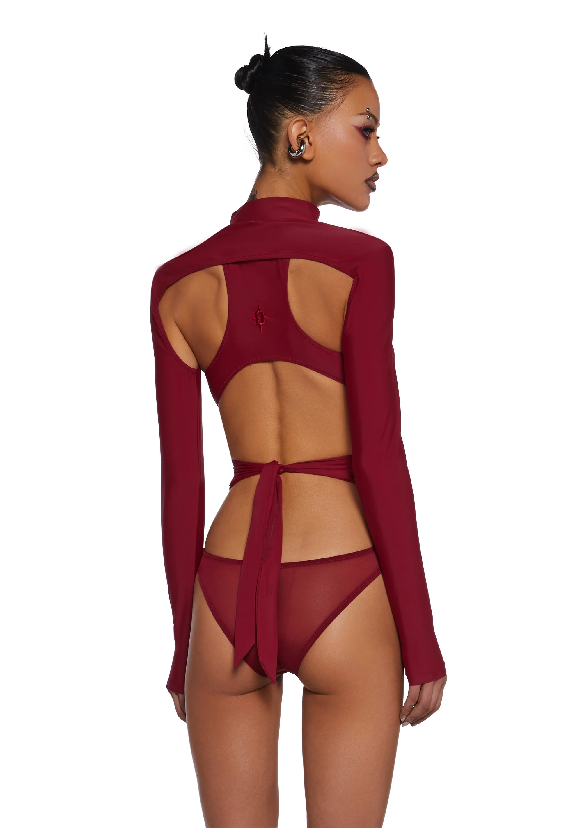 Flanger Strappy Spandex And Mesh Bodysuit - Red - Image 4
