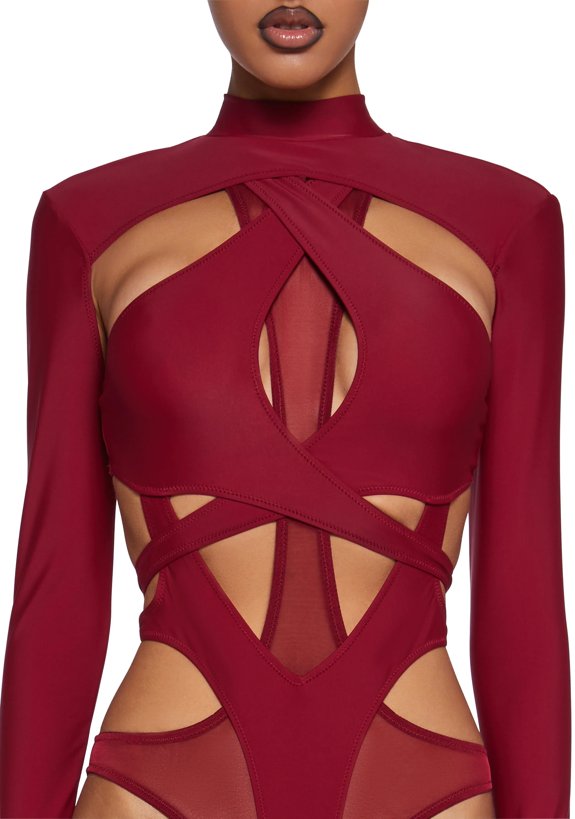 Flanger Strappy Spandex And Mesh Bodysuit - Red - Image 5