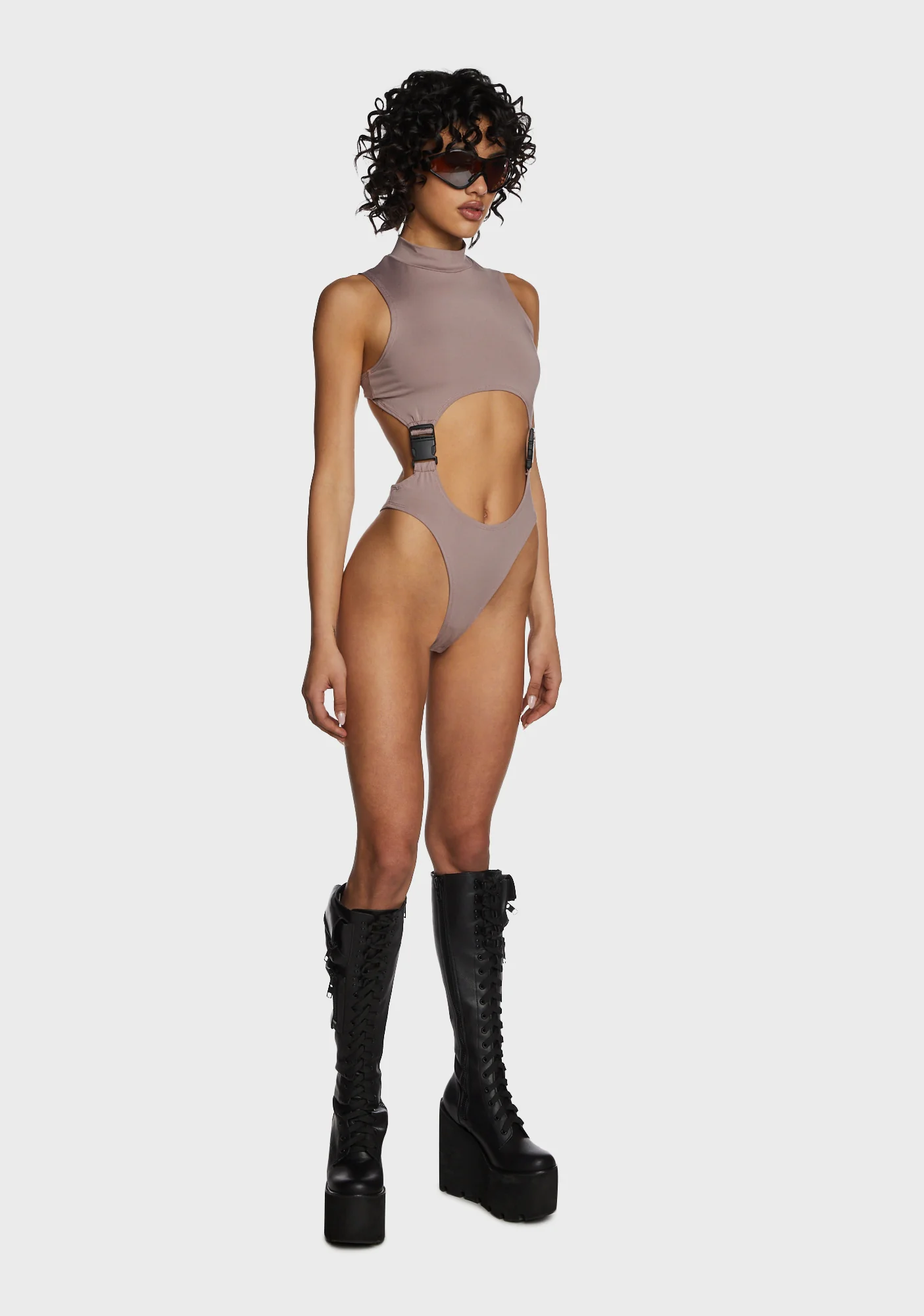Flash Dancer Cut Out Bodysuit - Brown - Image 2