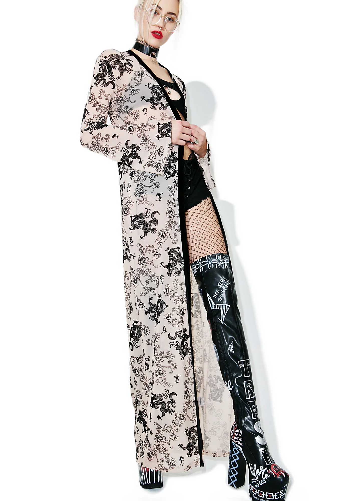Flock Print Mesh Maxi Kimono - Image 2