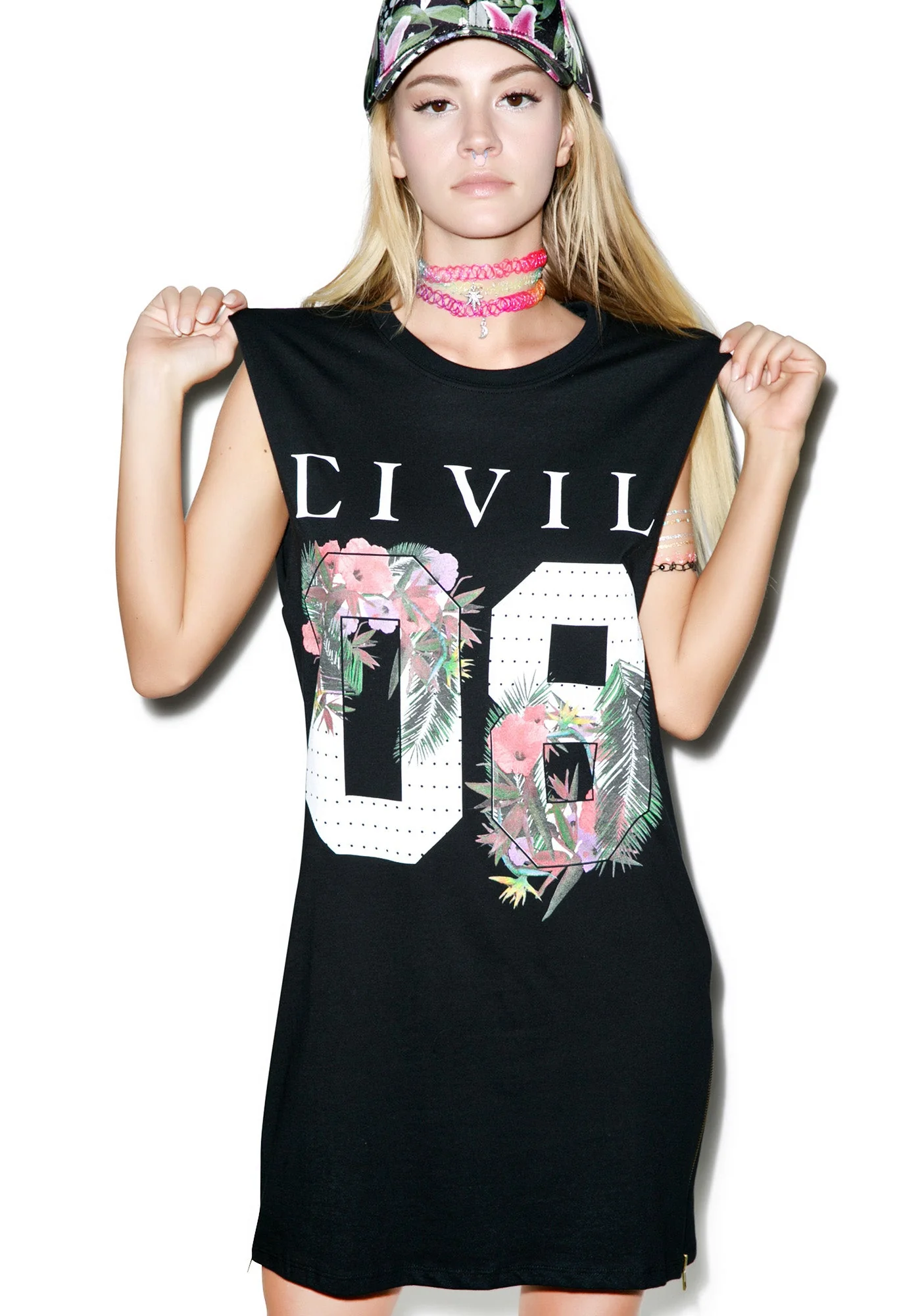 Floral 08 Long Zip Muscle Tee - White - Image 10