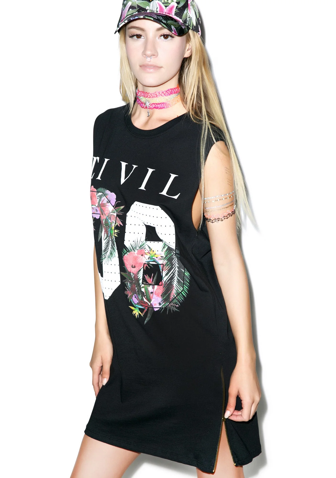 Floral 08 Long Zip Muscle Tee - White - Image 6