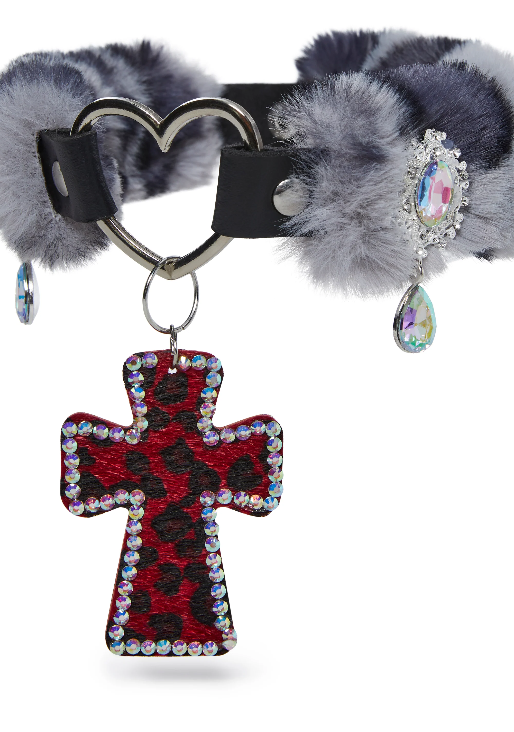 Vampy Wink Fur Cross Necklace - Gray - Image 4