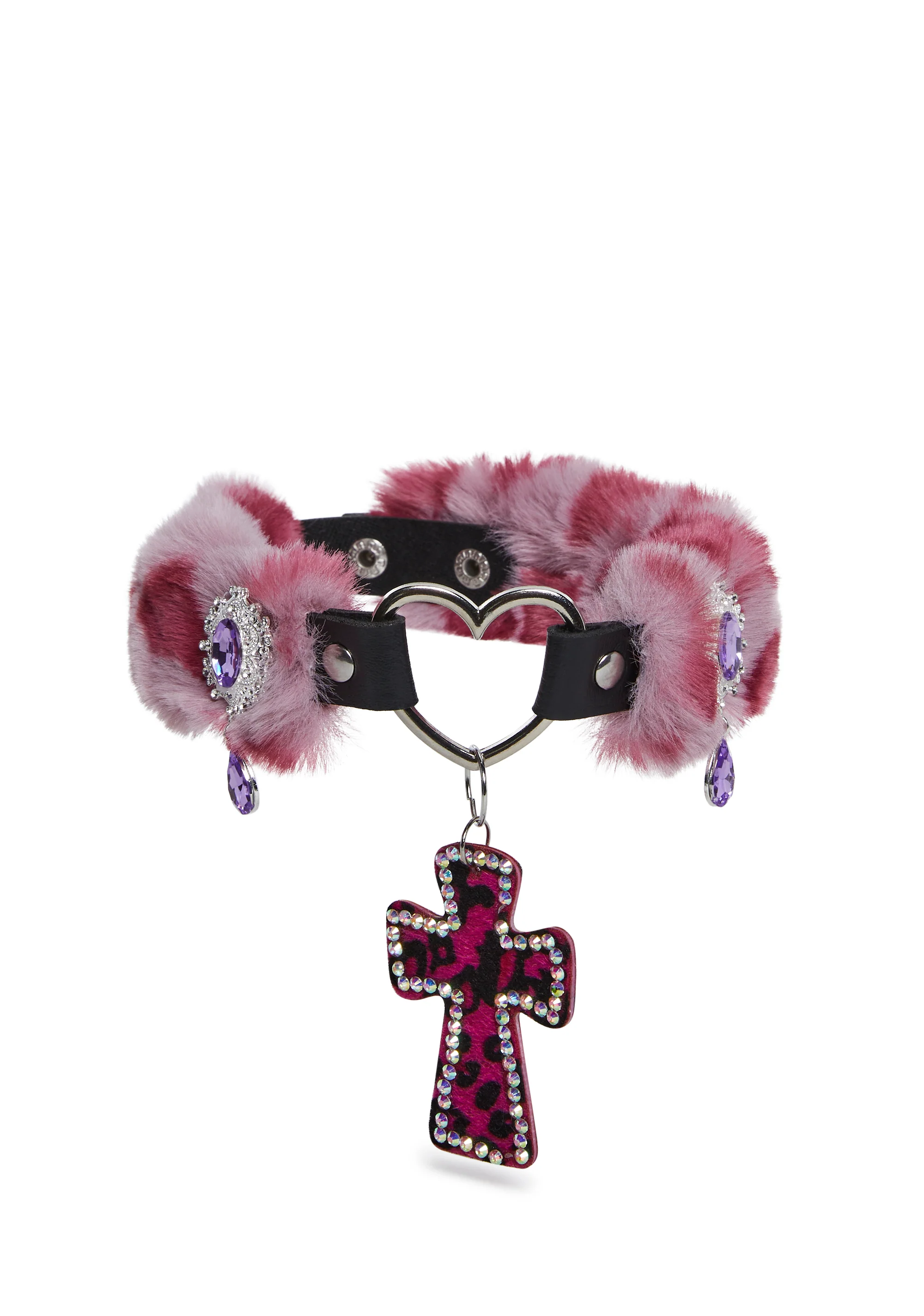 Vampy Wink Fur Cross Necklace - Pink - Image 4