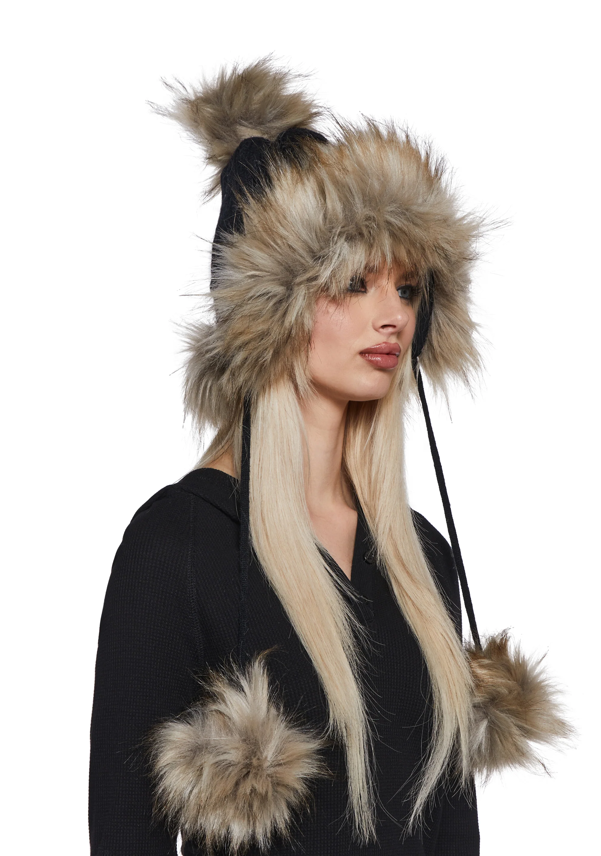 Bubble Pop Faux Fur Hat With Pom Poms - Black - Image 2
