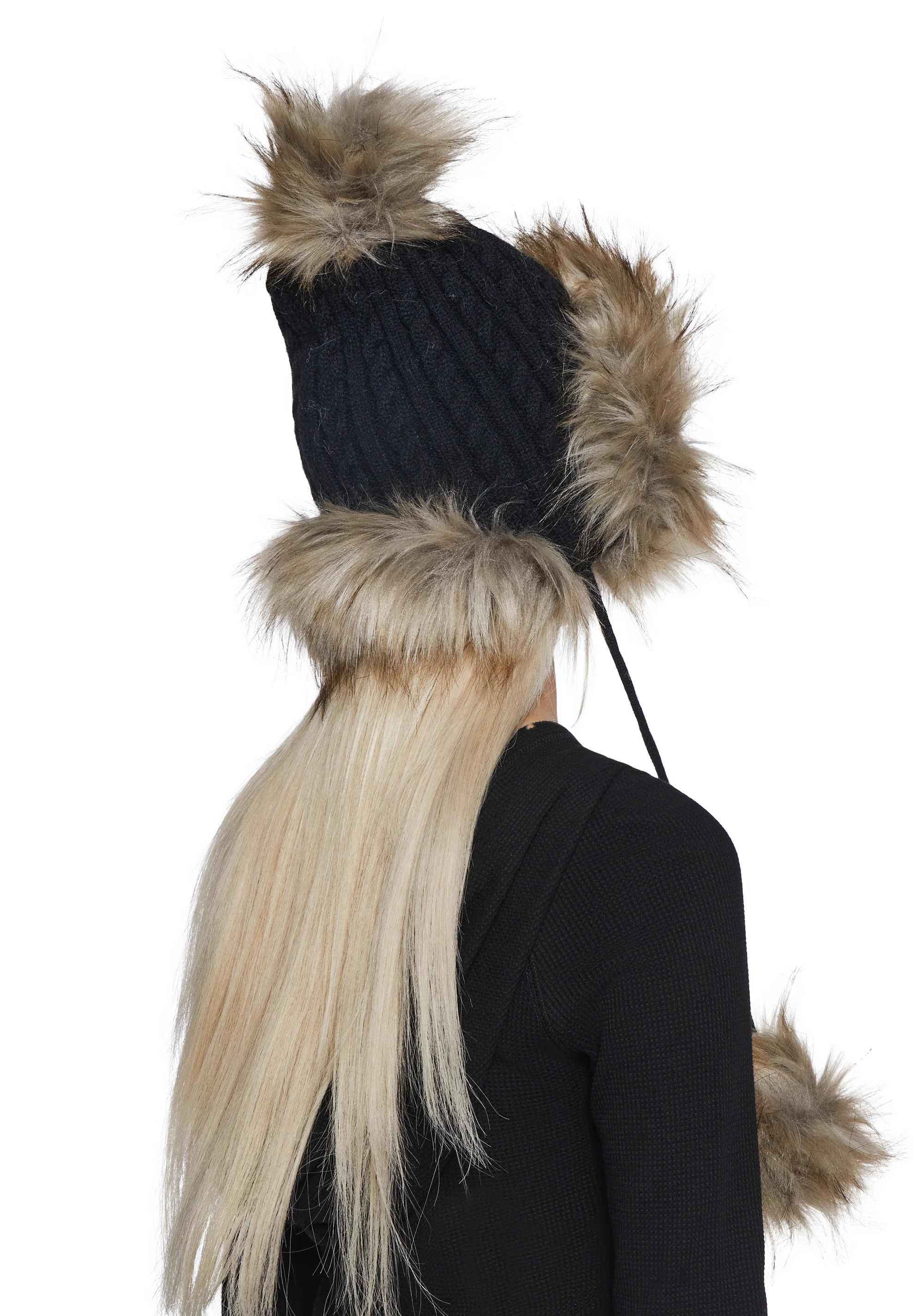 Bubble Pop Faux Fur Hat With Pom Poms - Black - Image 3