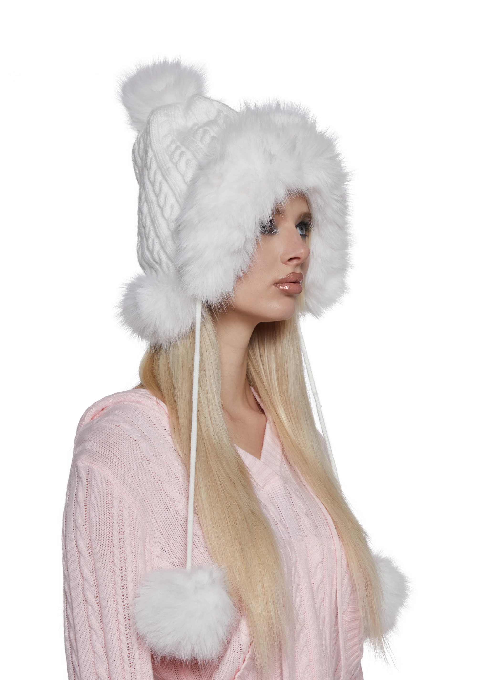 Bubble Pop Faux Fur Hat With Pom Poms - White - Image 2