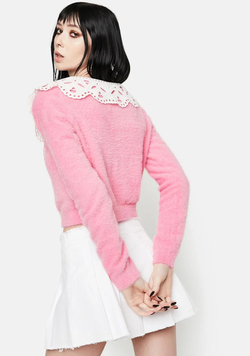 Fuzzy Pink Cardigan With Peter Pan Collar - Image 4