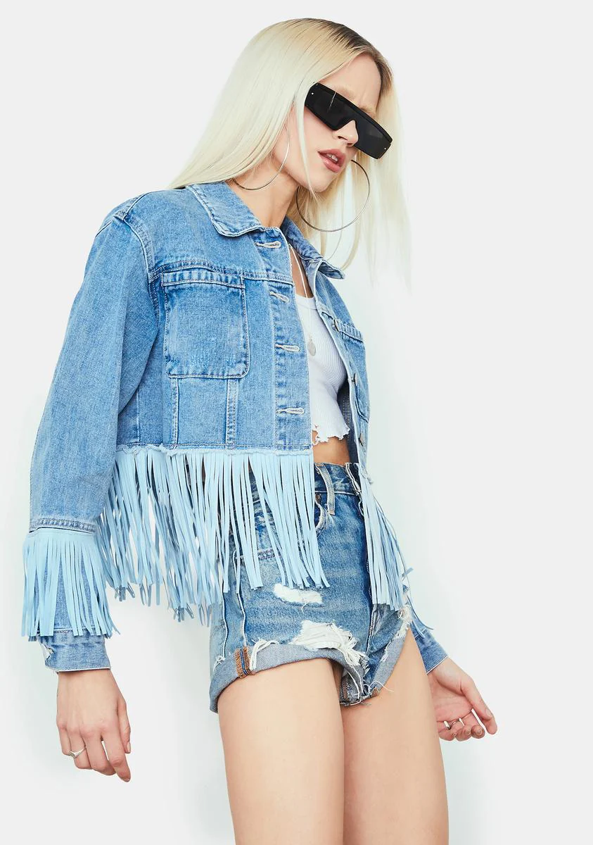 Getting There Fringe Cropped Jean Jacket - Image 2