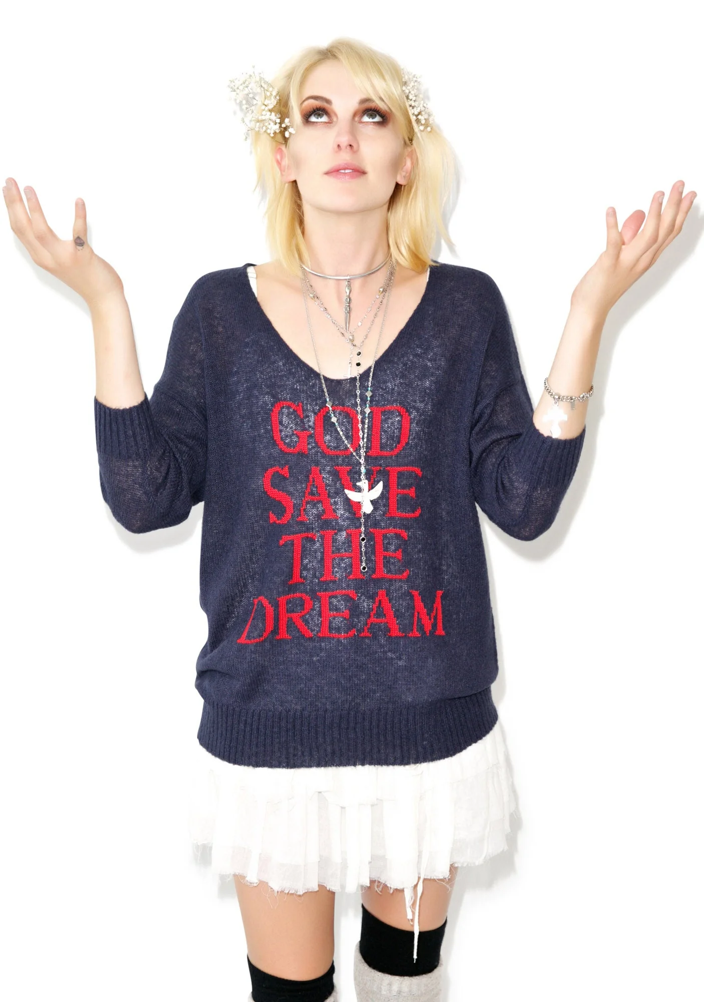 God Save the Dream V-Neck Sweater - Dark Blue - Image 6