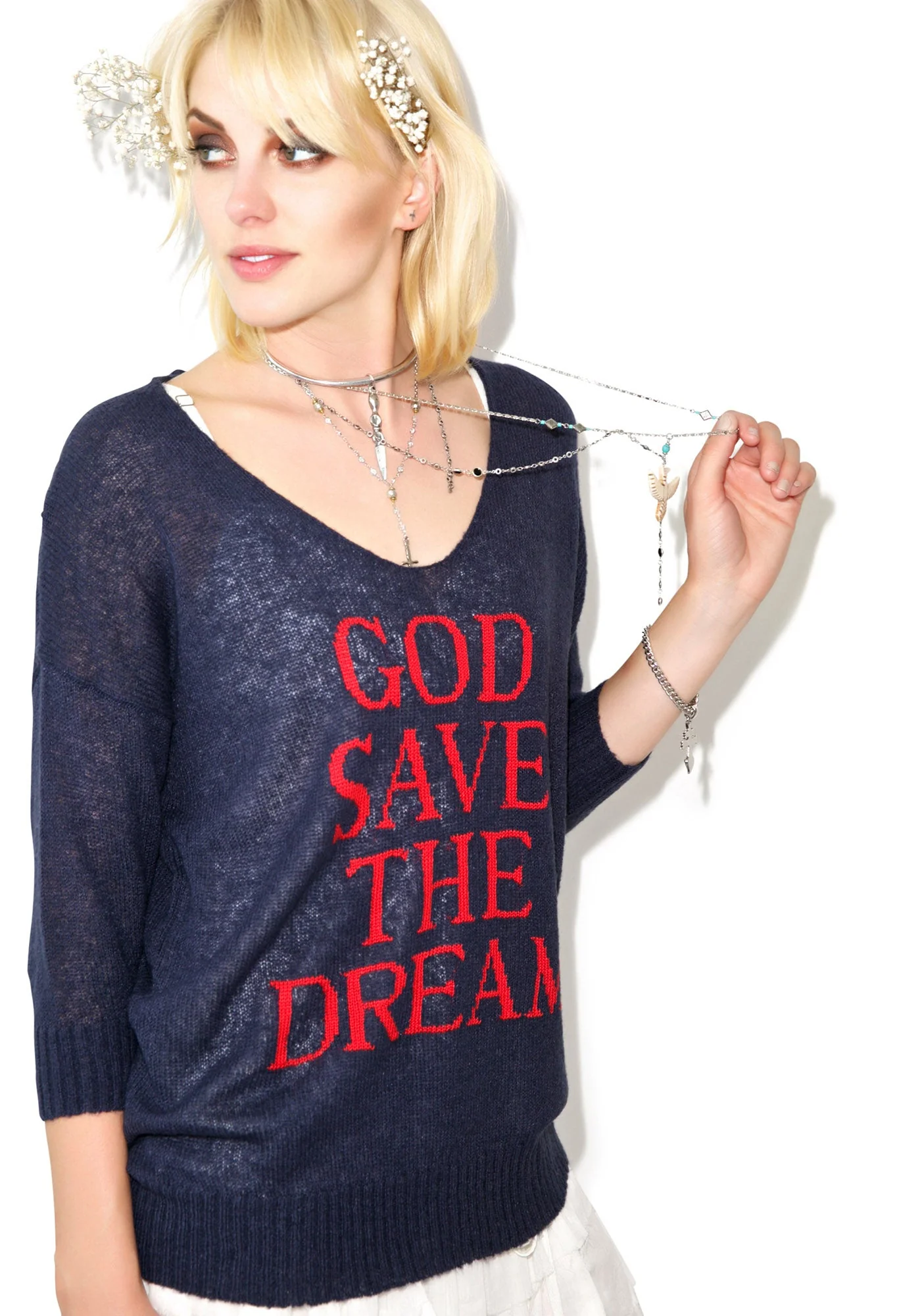 God Save the Dream V-Neck Sweater - Dark Blue - Image 8