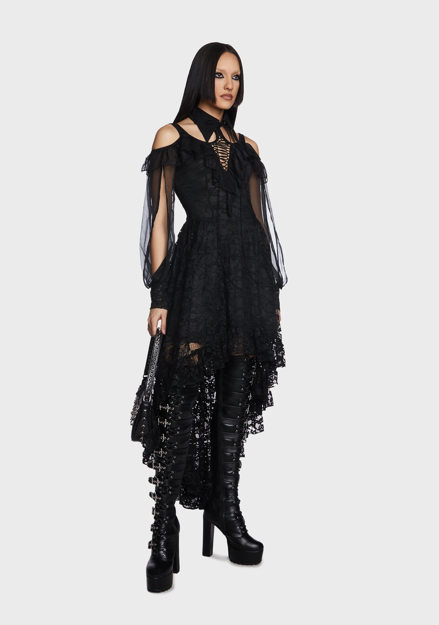 Gothic Off Shoulder Irregular Lace Dress - Image 3