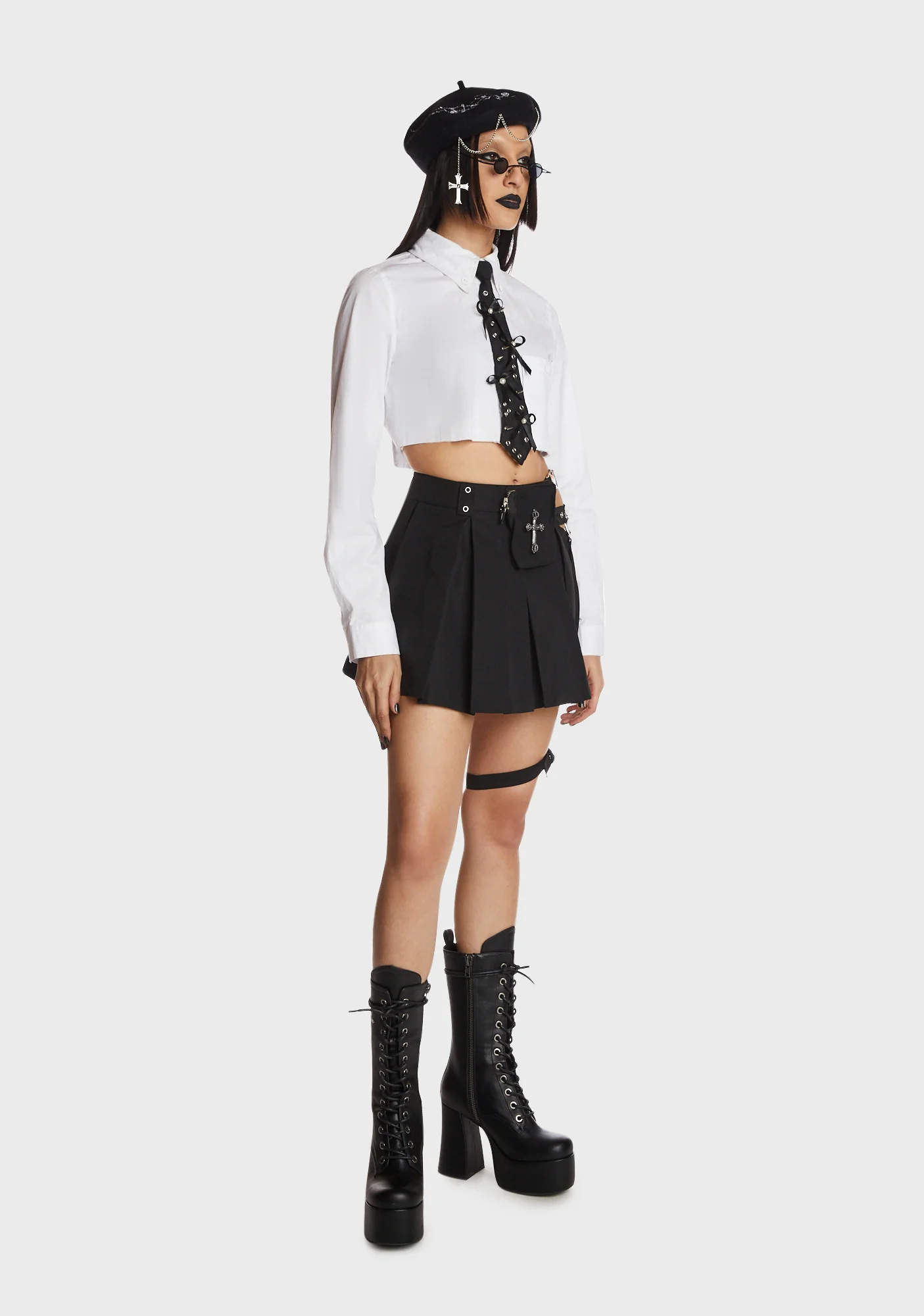Gothic Rebel Rock Cross Bag Pleated Skirt With Leg Strap - Image 3