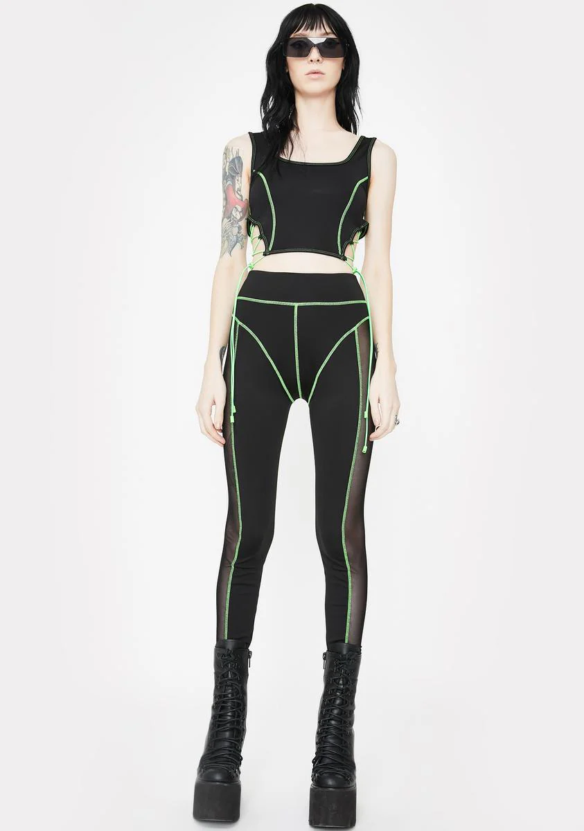 Green & Black Mesh High Waist Leggings - Image 3