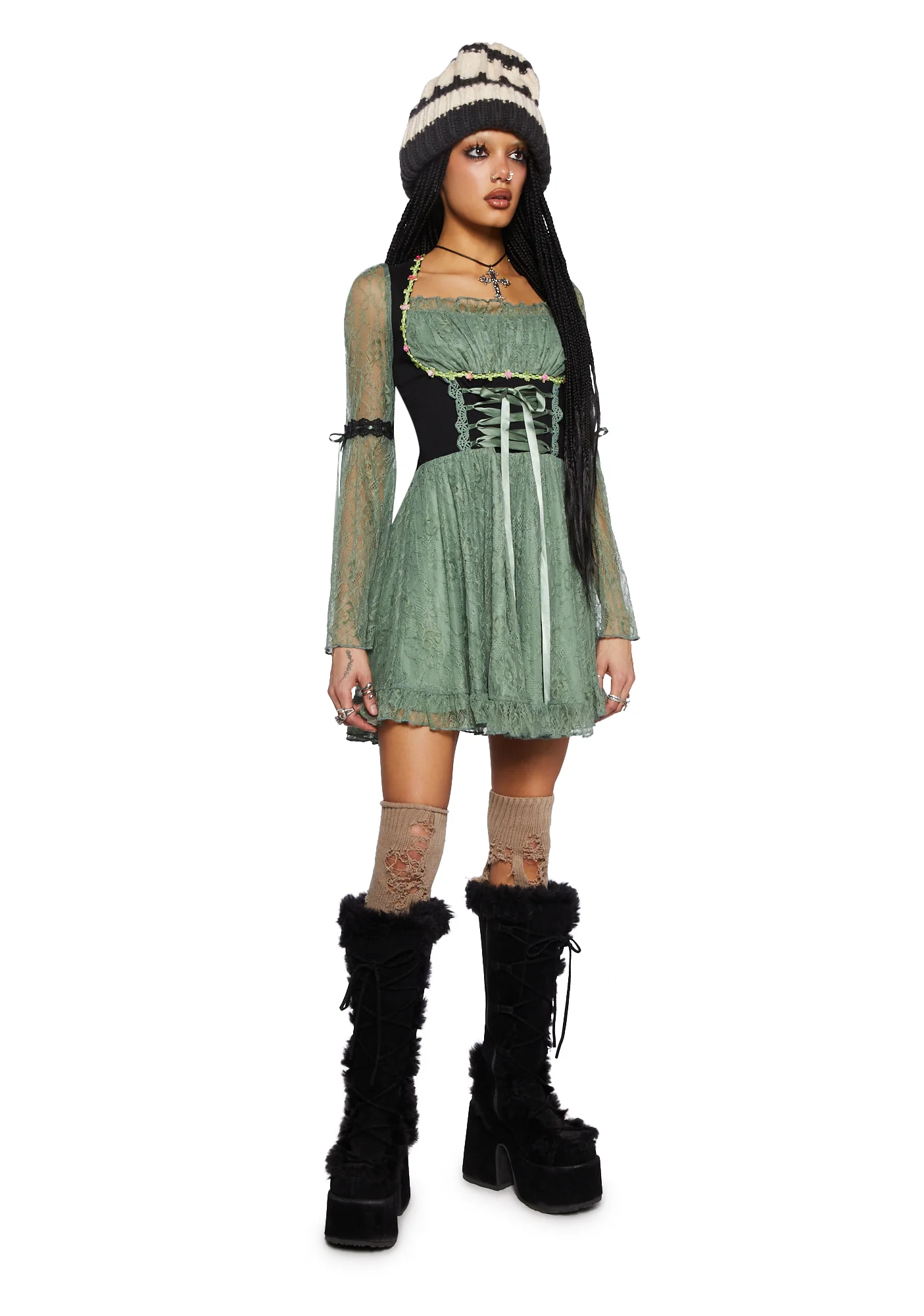 Myths N' Legends Mini Dress - Green Lace - Image 2