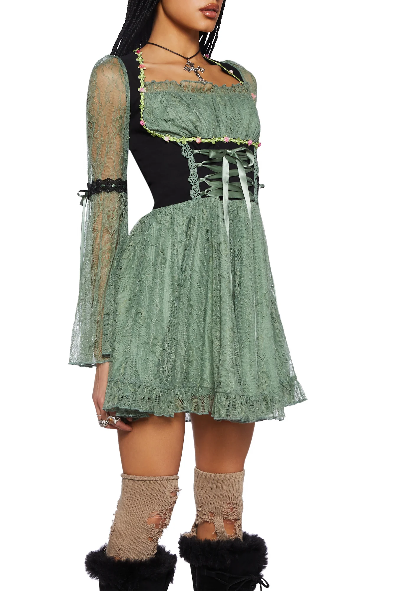 Myths N' Legends Mini Dress - Green Lace - Image 5
