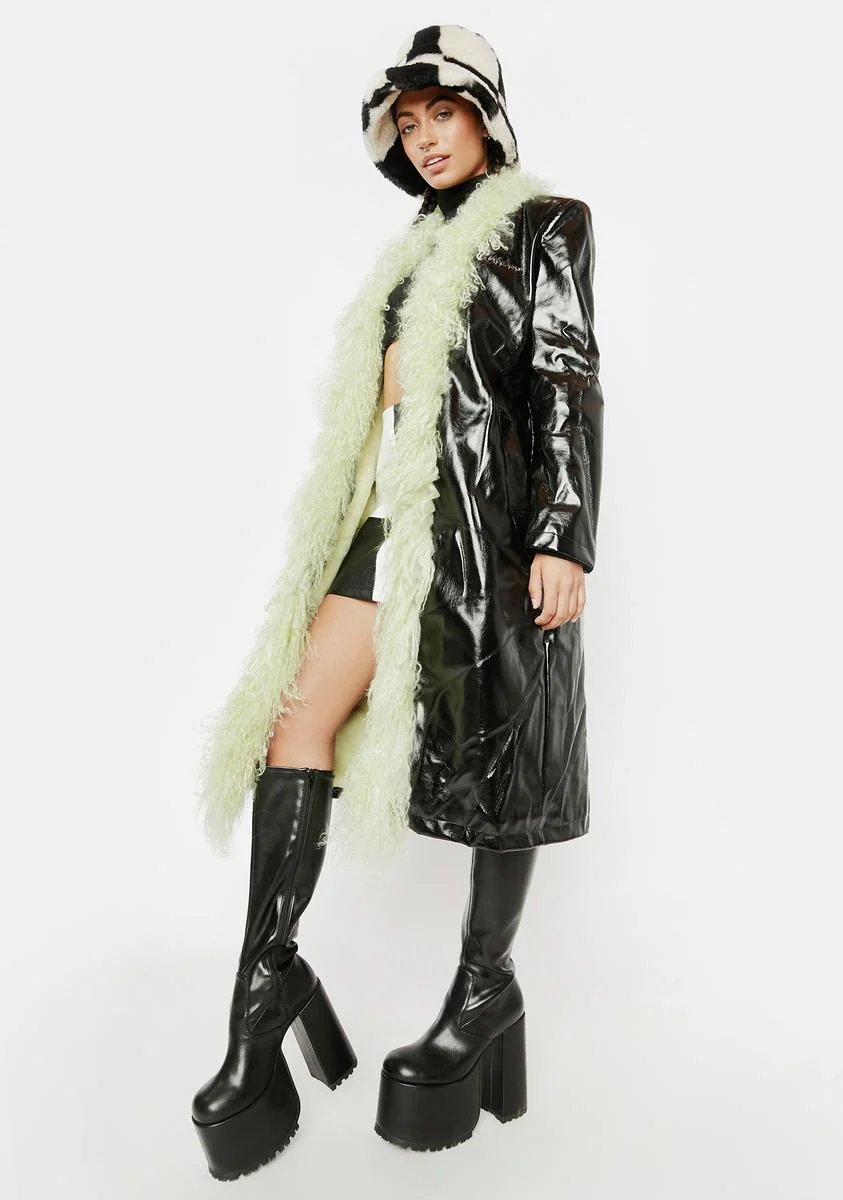 Green Mongolian Fur Trim Leather Long Coat - Image 2