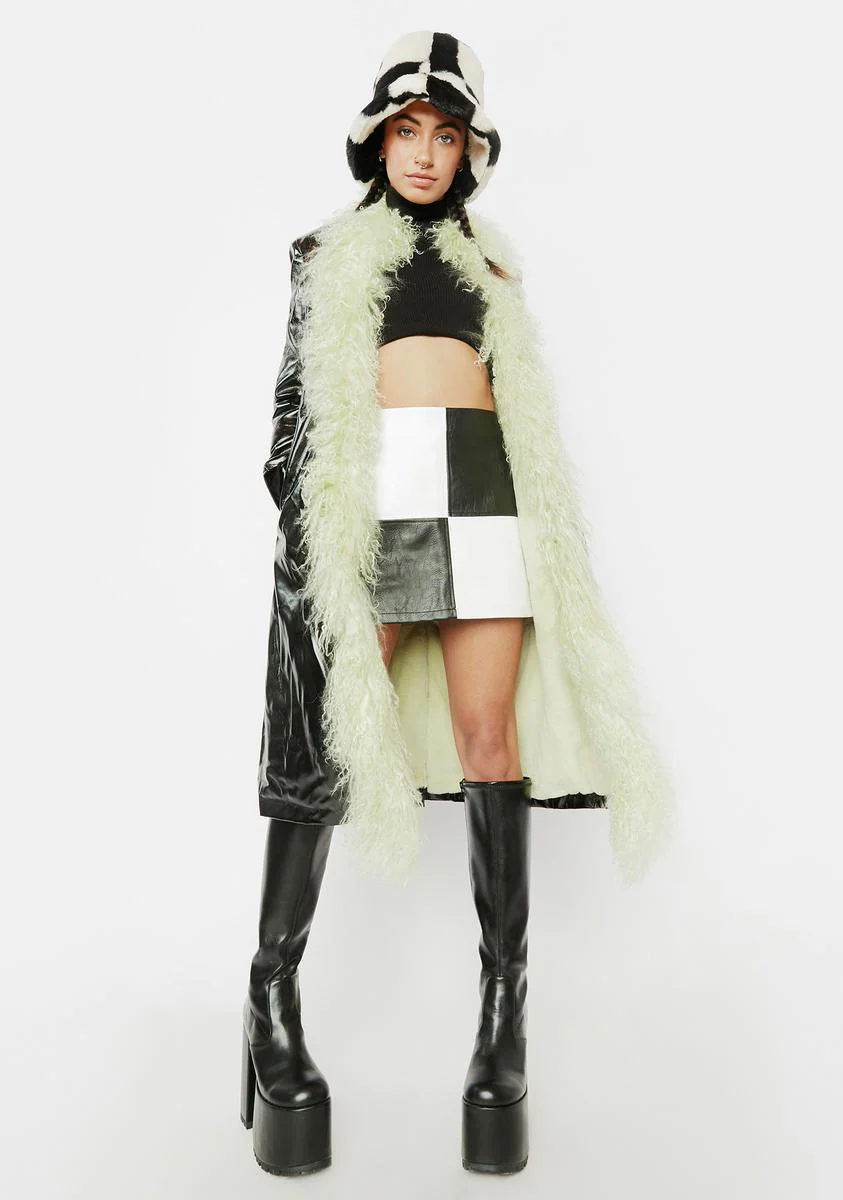 Green Mongolian Fur Trim Leather Long Coat - Image 3