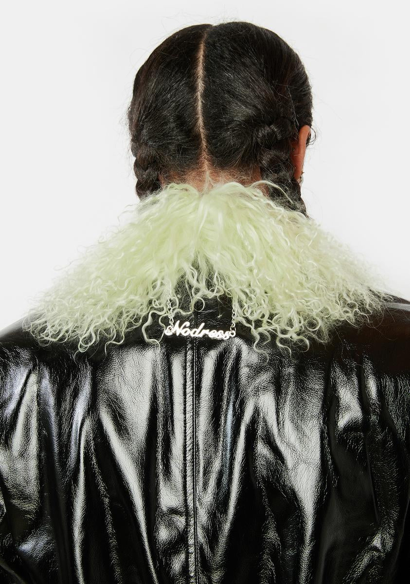 Green Mongolian Fur Trim Leather Long Coat - Image 4