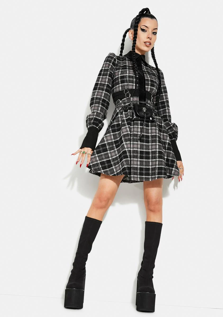 Grunge Puff Sleeve Plaid Dress - Image 3