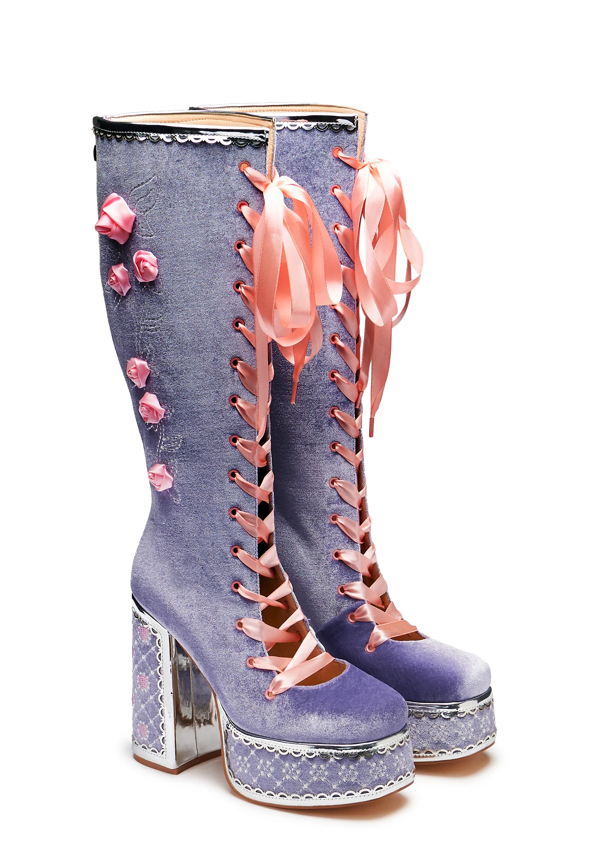 Guiltless Ghost Lace Up Platform Long Boots - Lilac - Image 2