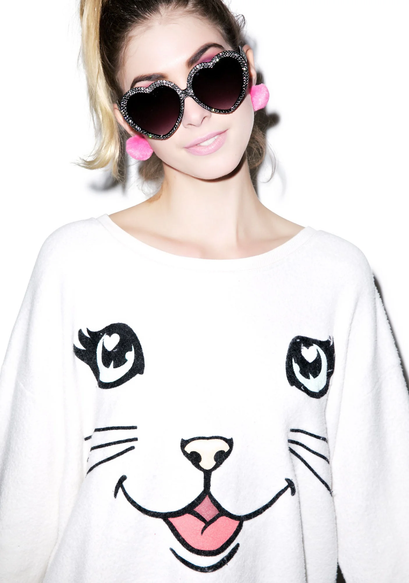 Happy Cat Oversized Sweatshirt - White - Image 3