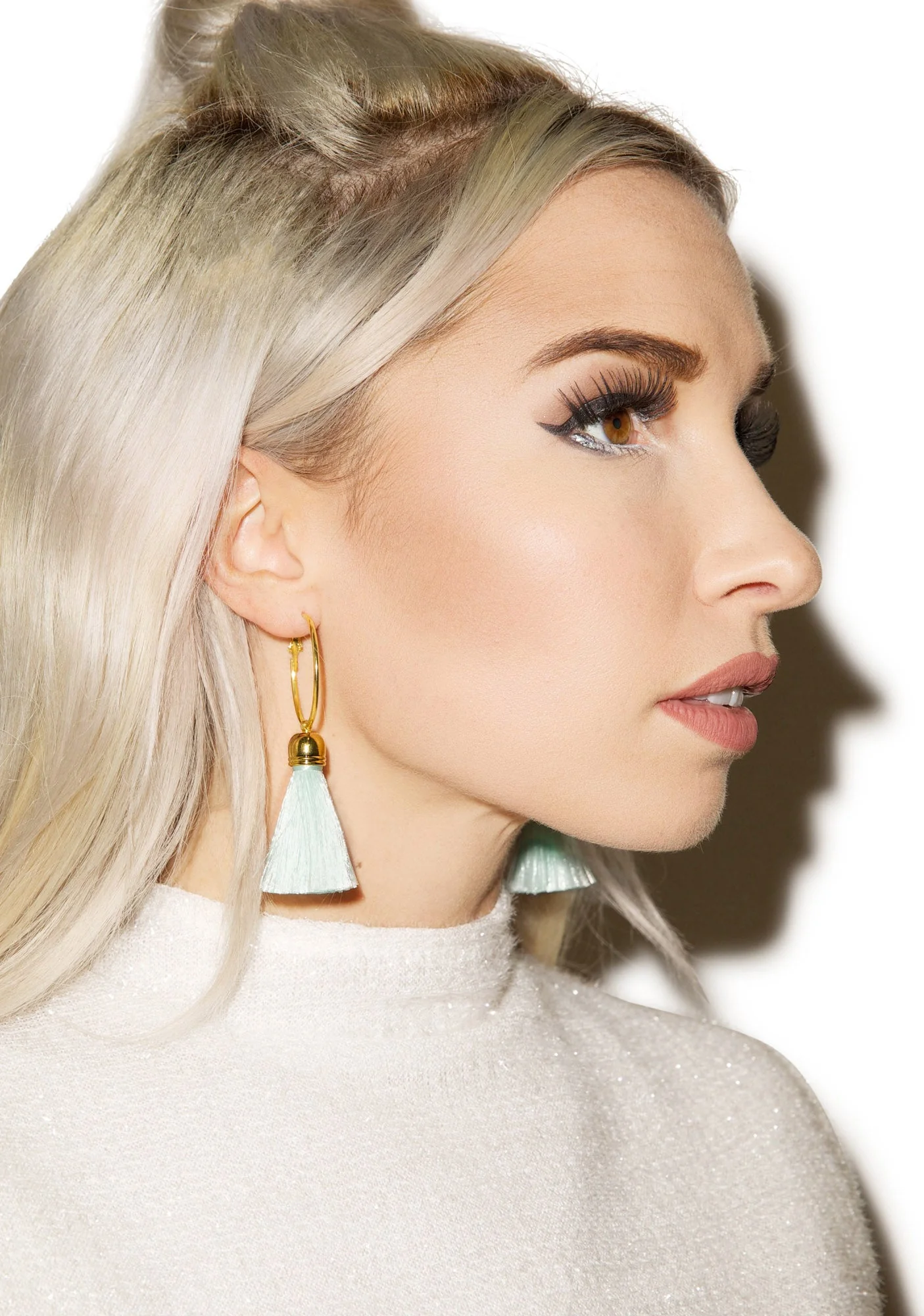 Harper Hoop Tassel Earrings - Light Blue - Image 5