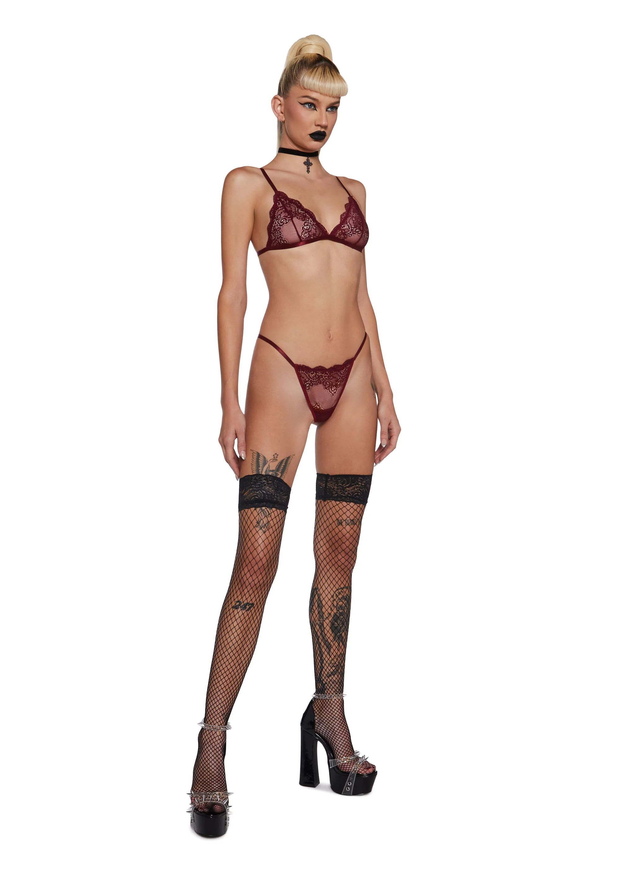 Heartless Lust Lace Thong - Burgundy - Image 2