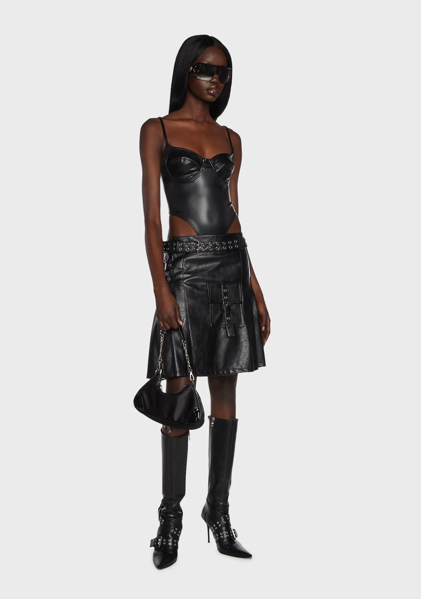 High-Cut Faux Leather Cupped Bodysuit - Black - Image 2